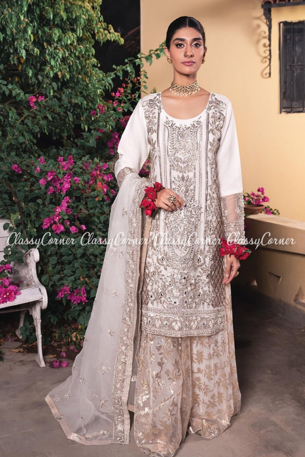 White Silver Organza Pakistani Wedding wear Gharara