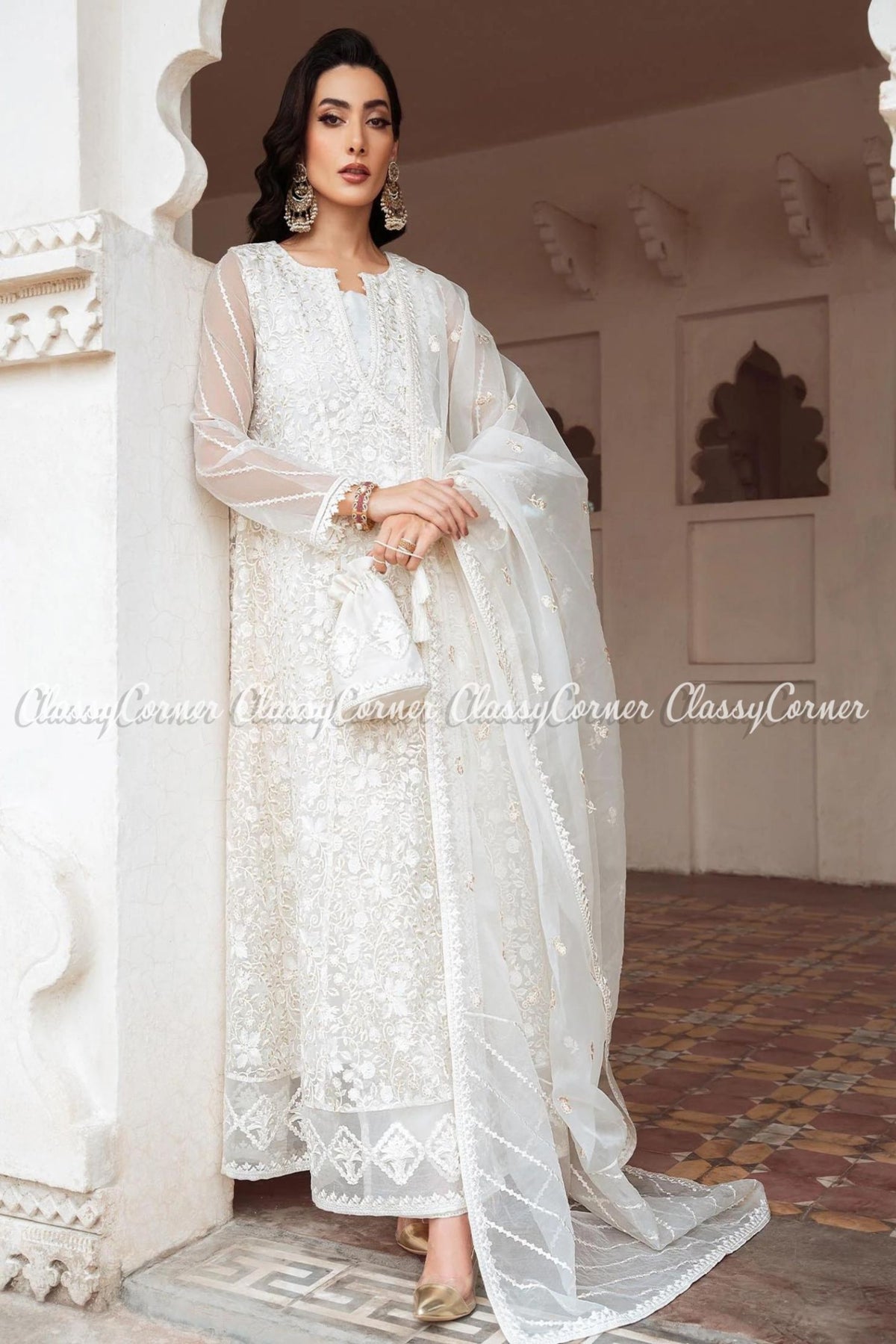 White Organza Pakistani Party Wear 3PC Outfit