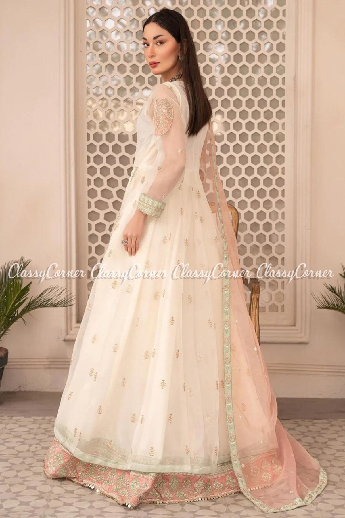 White Pink Organza Embroidered Wedding Wear Gown Outfit