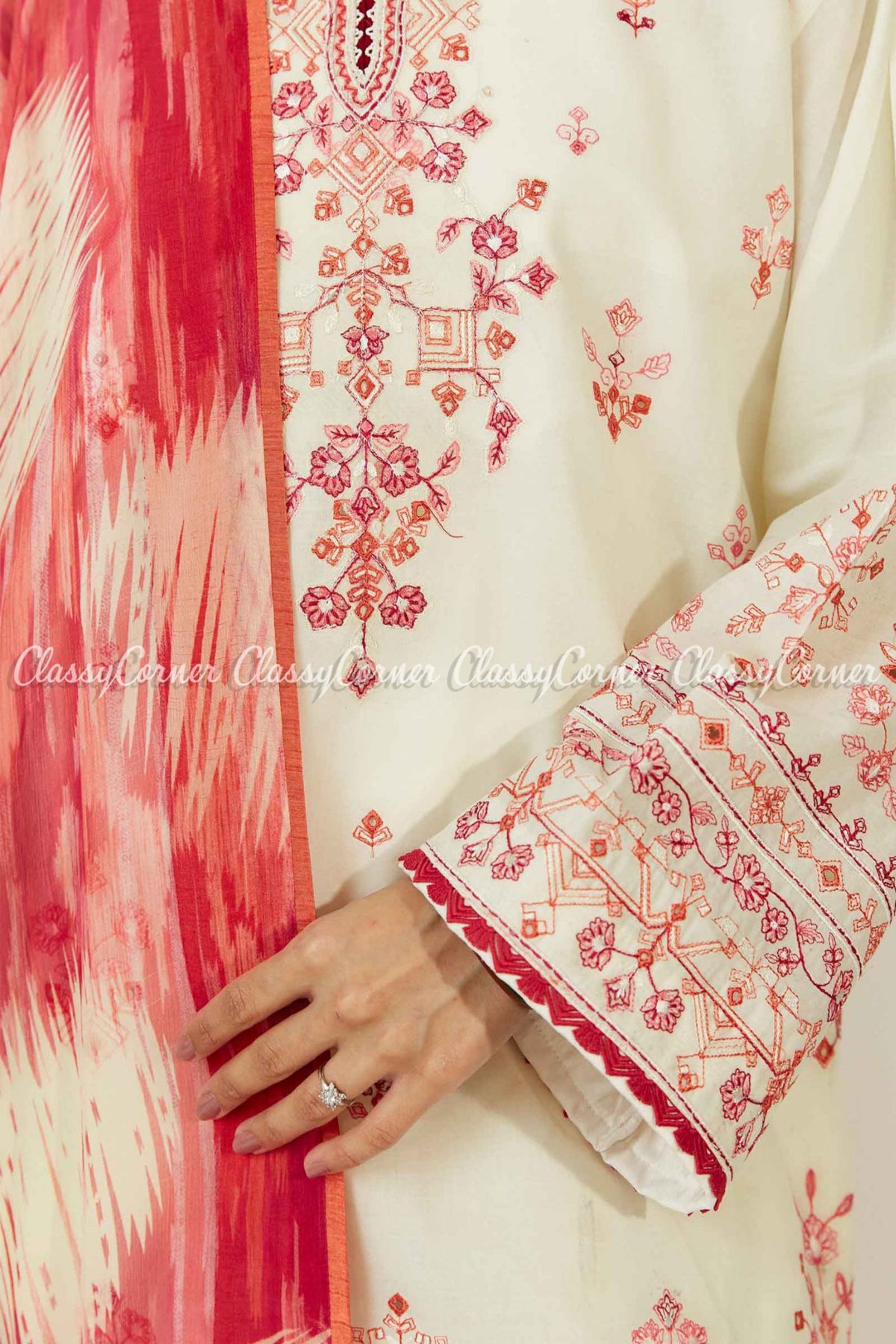 Cream White Red Embroidered Lawn Salwar Kameez