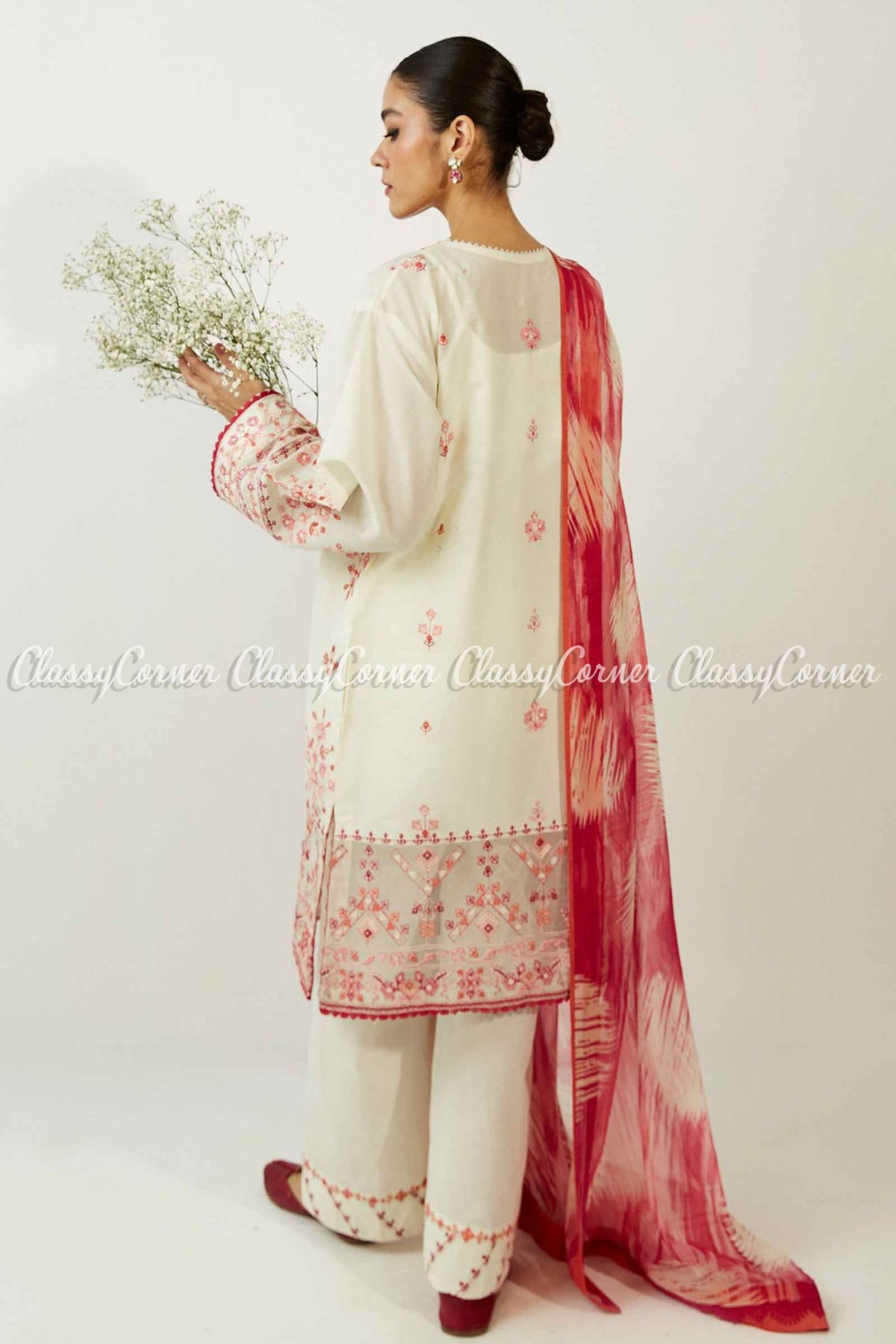 Cream White Red Embroidered Lawn Salwar Kameez