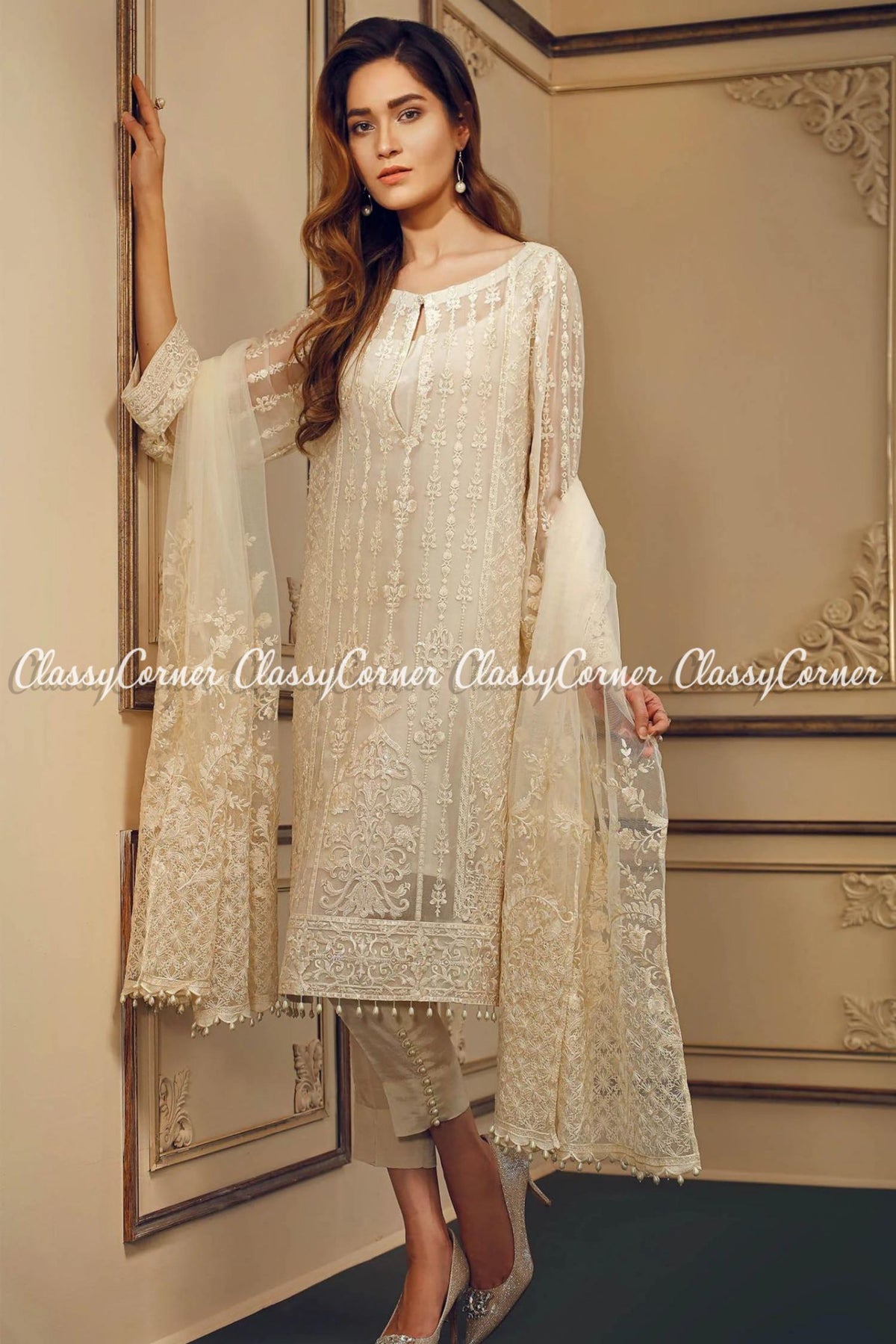 Pakistani Cream White Chiffon Embroidered Salwar Kameez