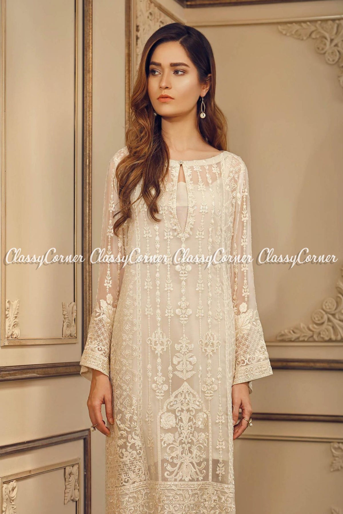 Pakistani Cream White Chiffon Embroidered Salwar Kameez