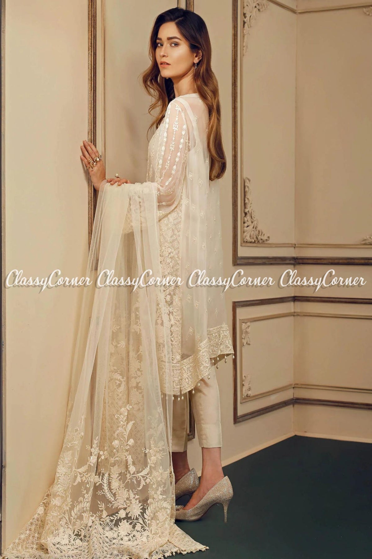 Pakistani Cream White Chiffon Embroidered Salwar Kameez