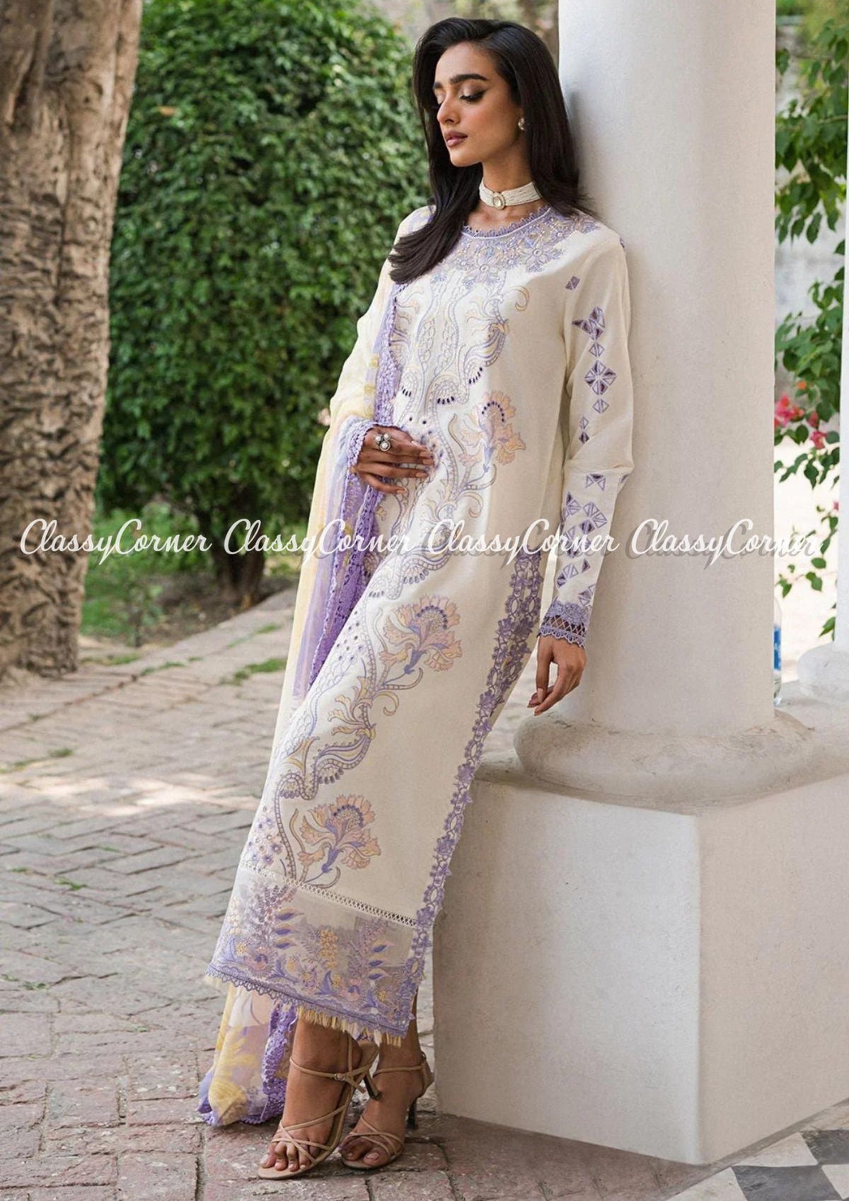 White Lilac Lawn Embroidered Pakistani Salwar Kameez