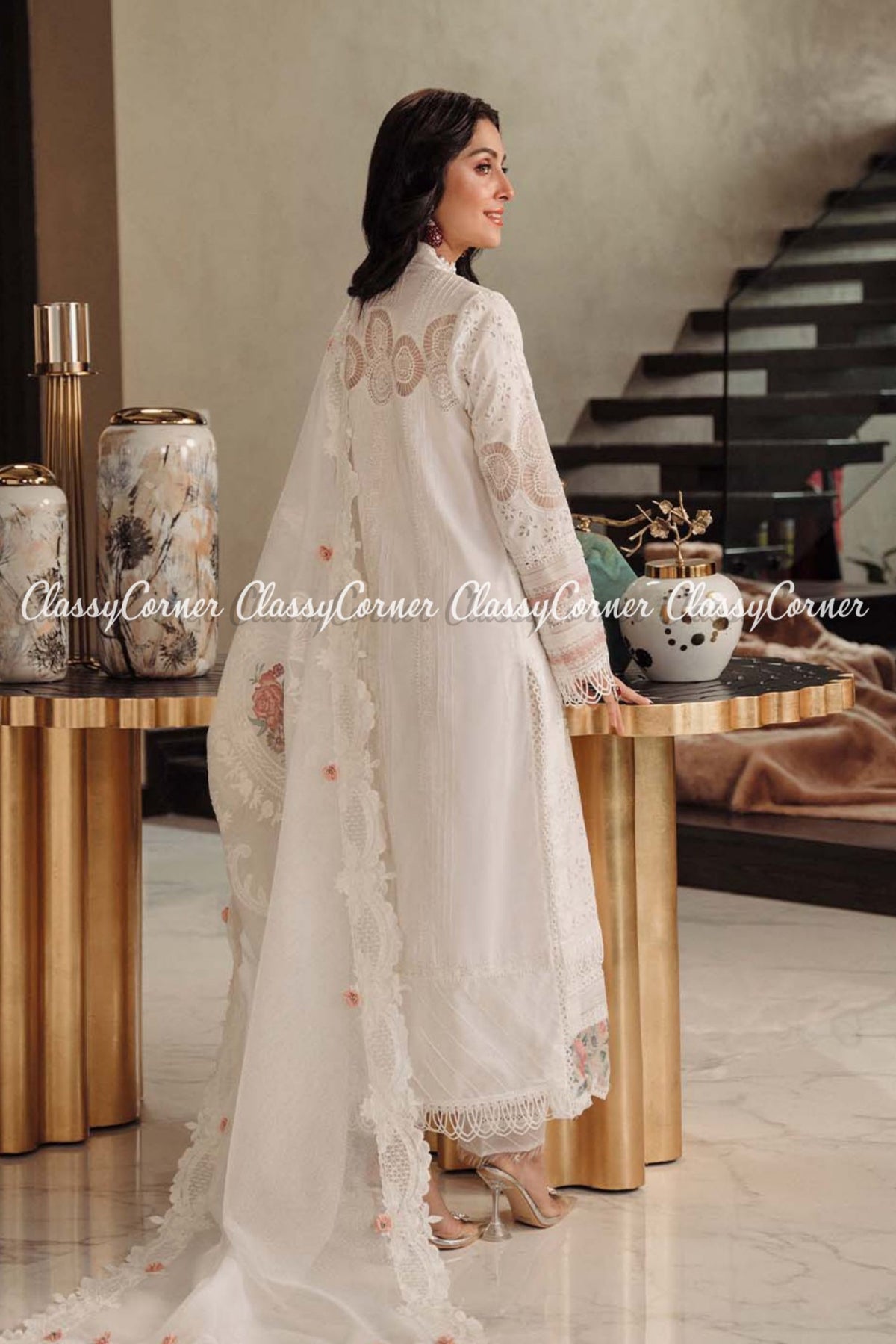 White Schiffli Embroidered Lawn Pakistani Salwar Kameez