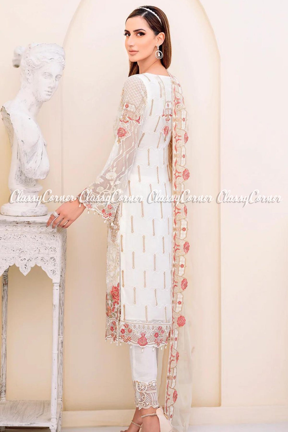 White Orange Chiffon Embroidered Pakistani Salwar Kameez