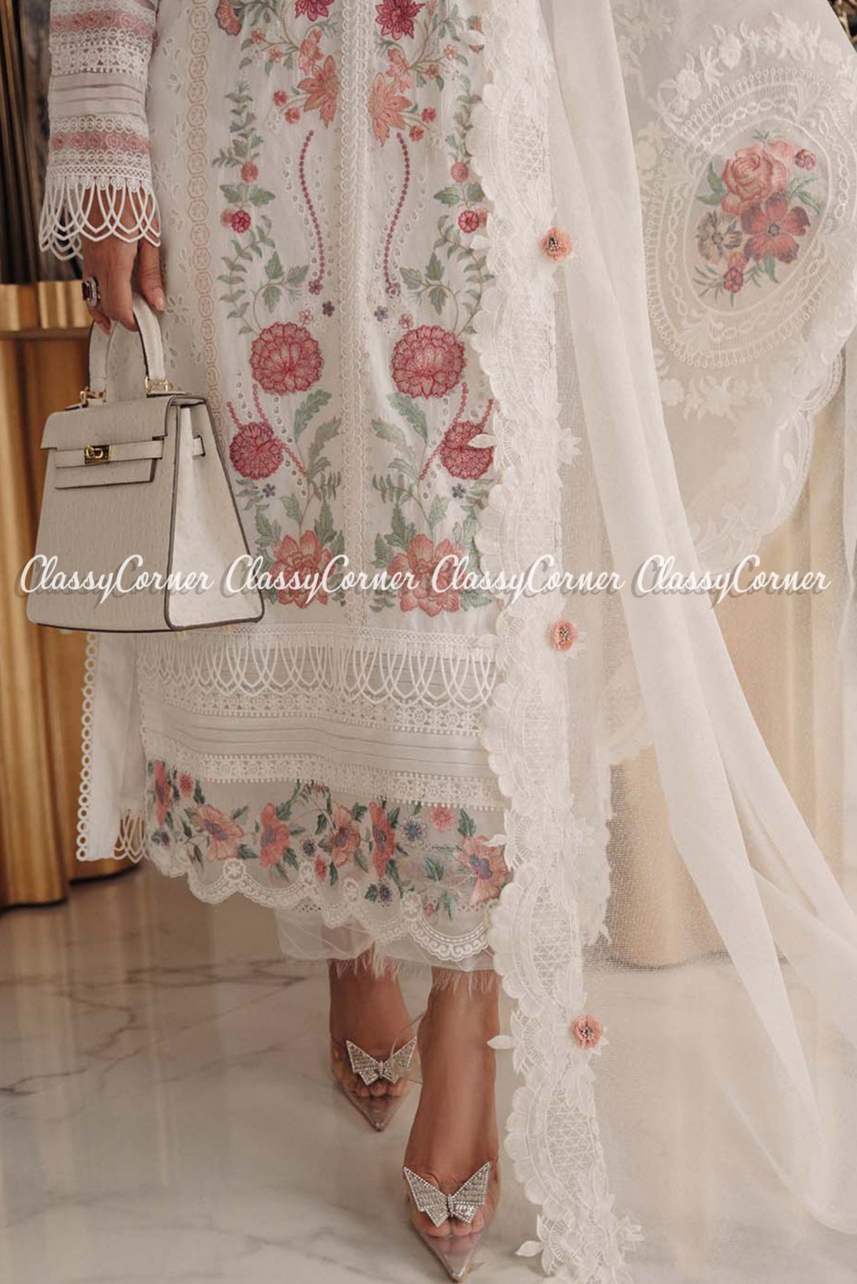 White Schiffli Embroidered Lawn Pakistani Salwar Kameez