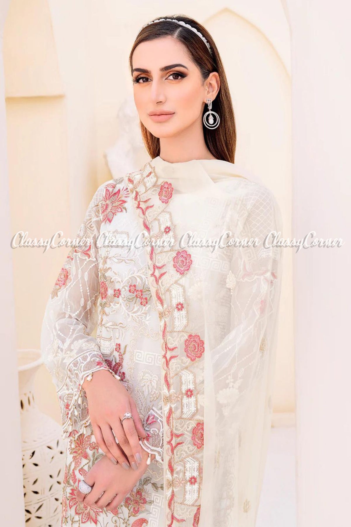 White Orange Chiffon Embroidered Pakistani Salwar Kameez