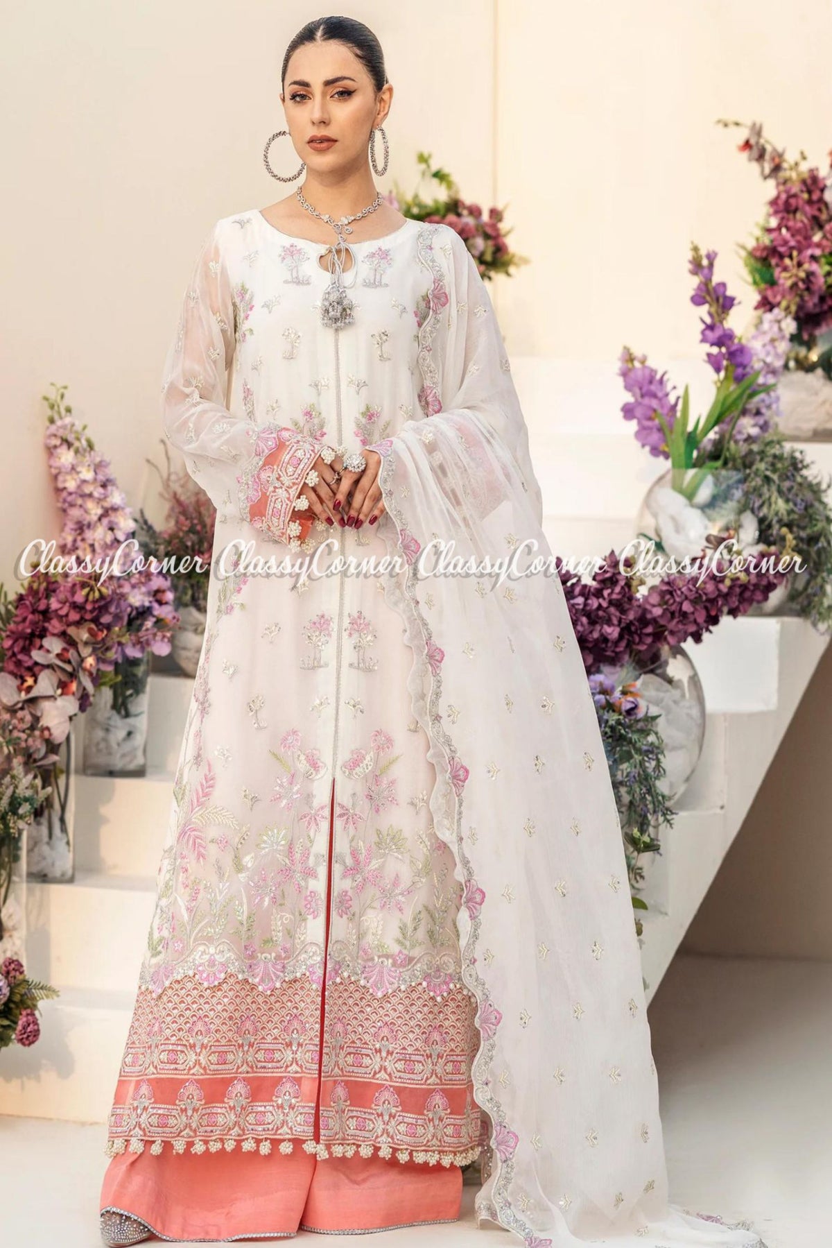 White Peach Chiffon Embroidered Formal Wear Outfit