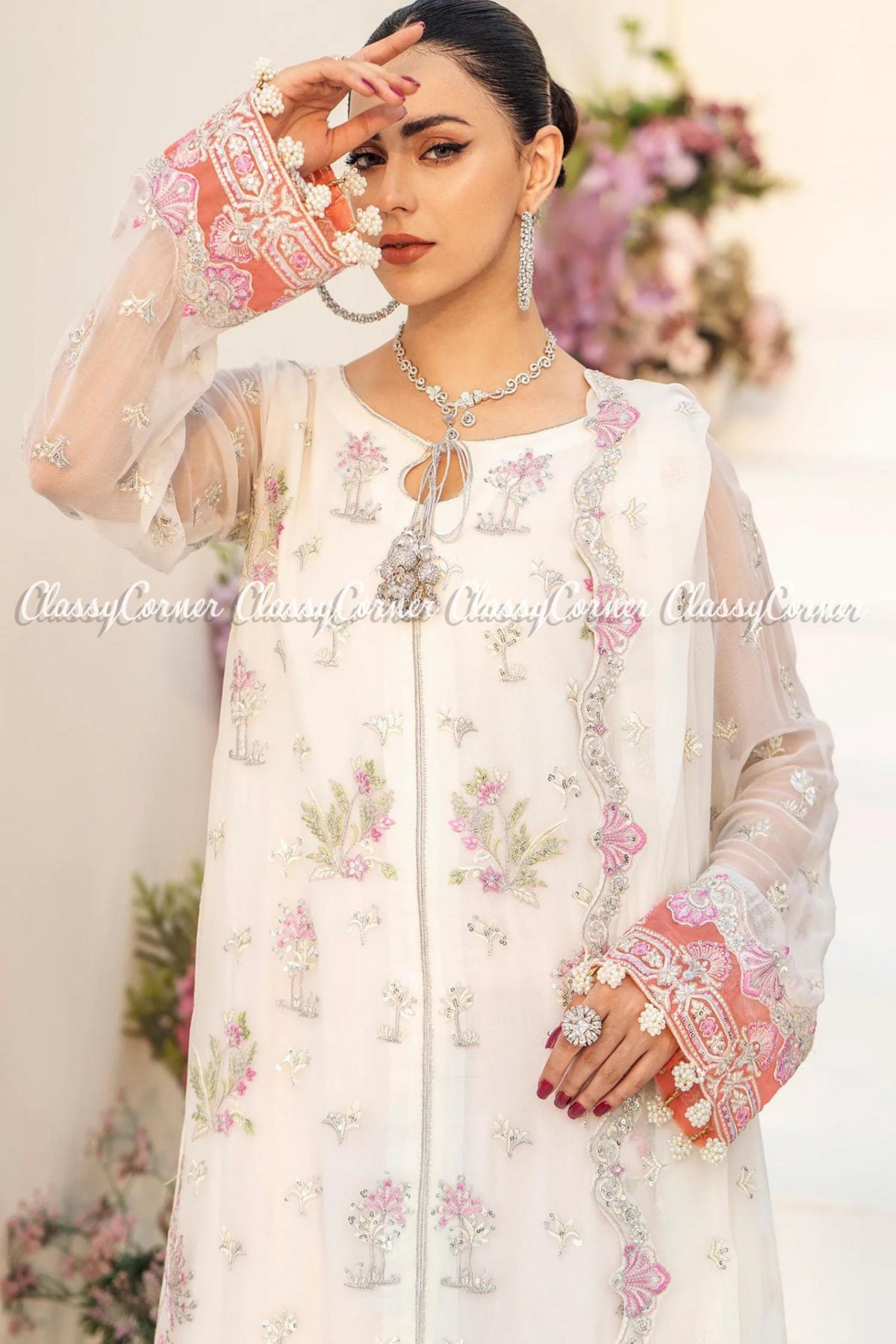 White Peach Chiffon Embroidered Formal Wear Outfit