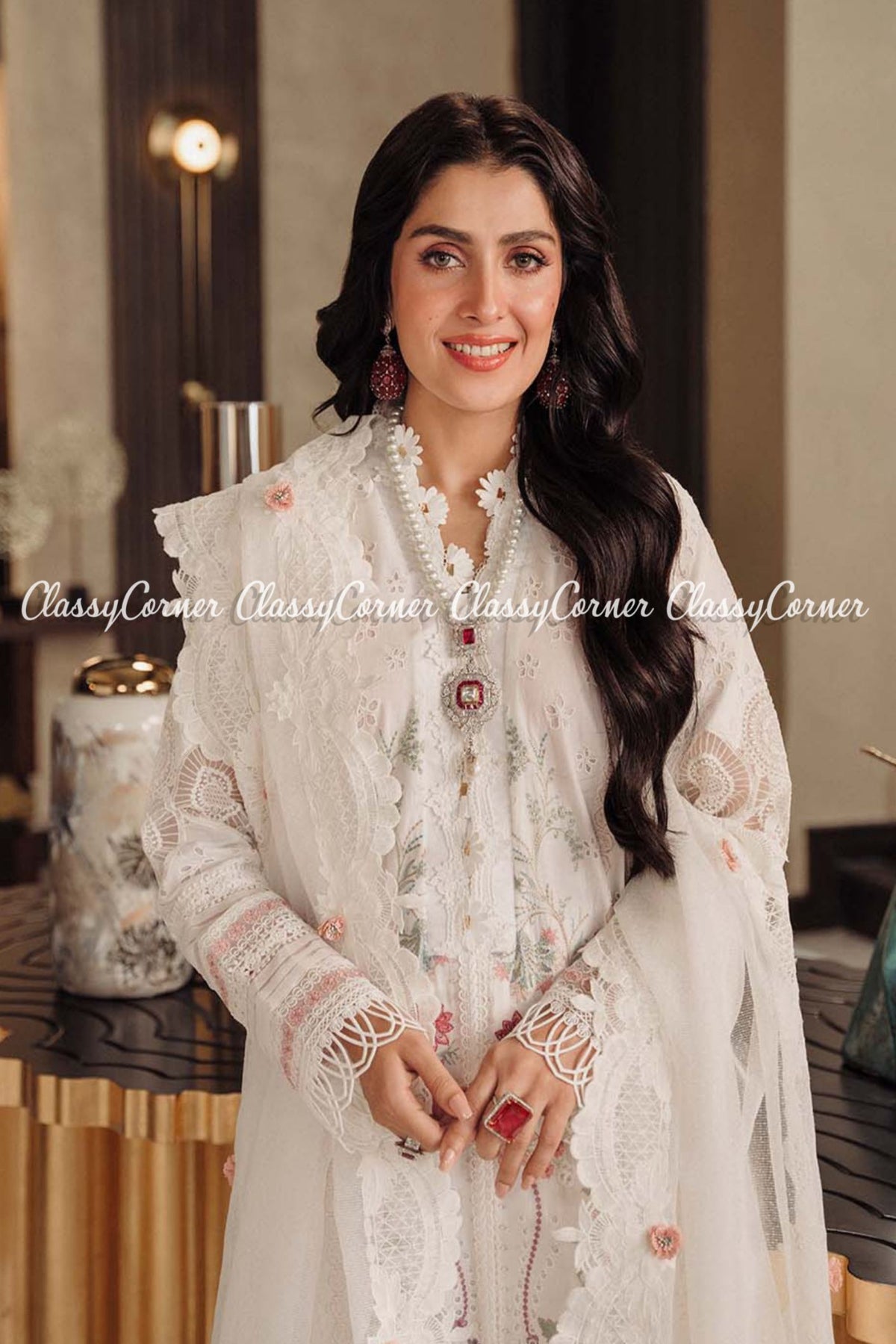 White Schiffli Embroidered Lawn Pakistani Salwar Kameez