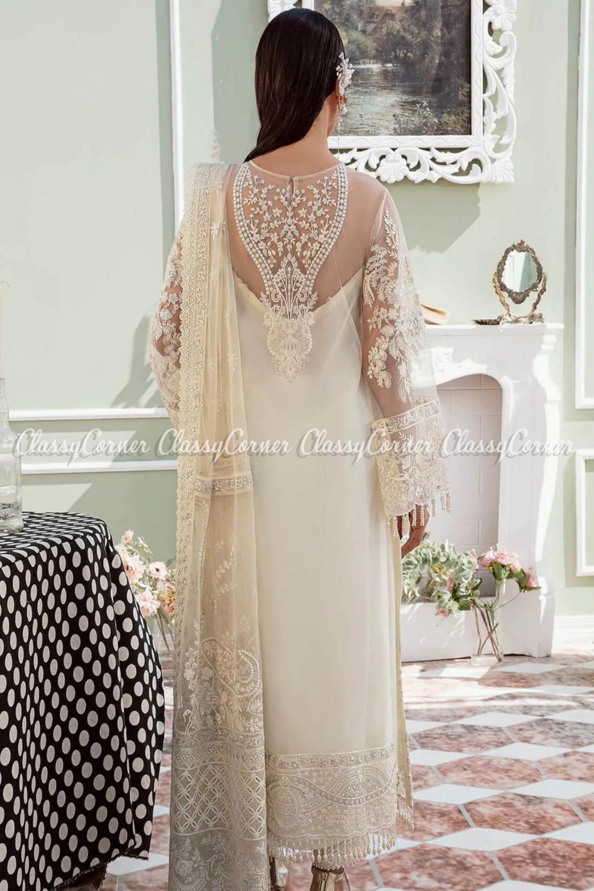 White Net Embellished Wedding Wear Salwar Kameez