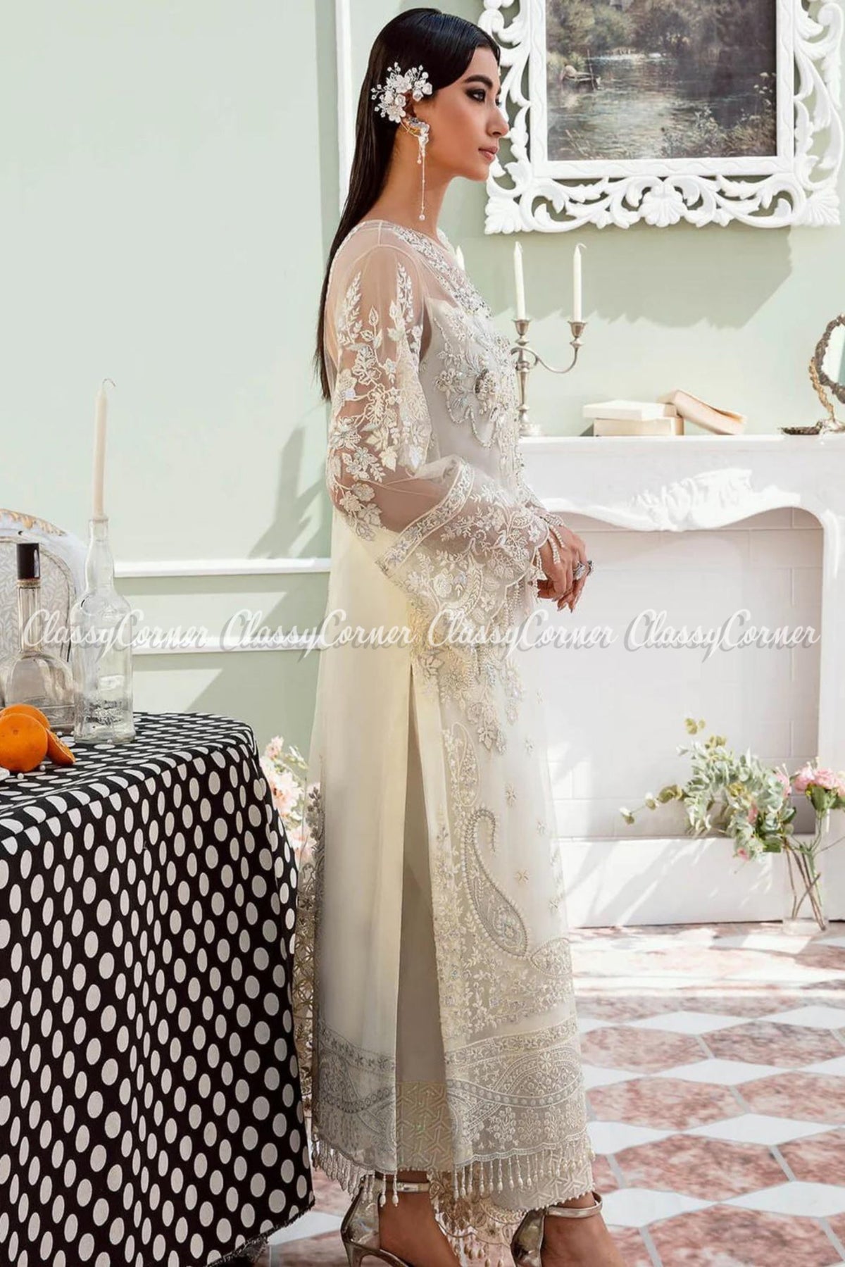 White Net Embellished Wedding Wear Salwar Kameez