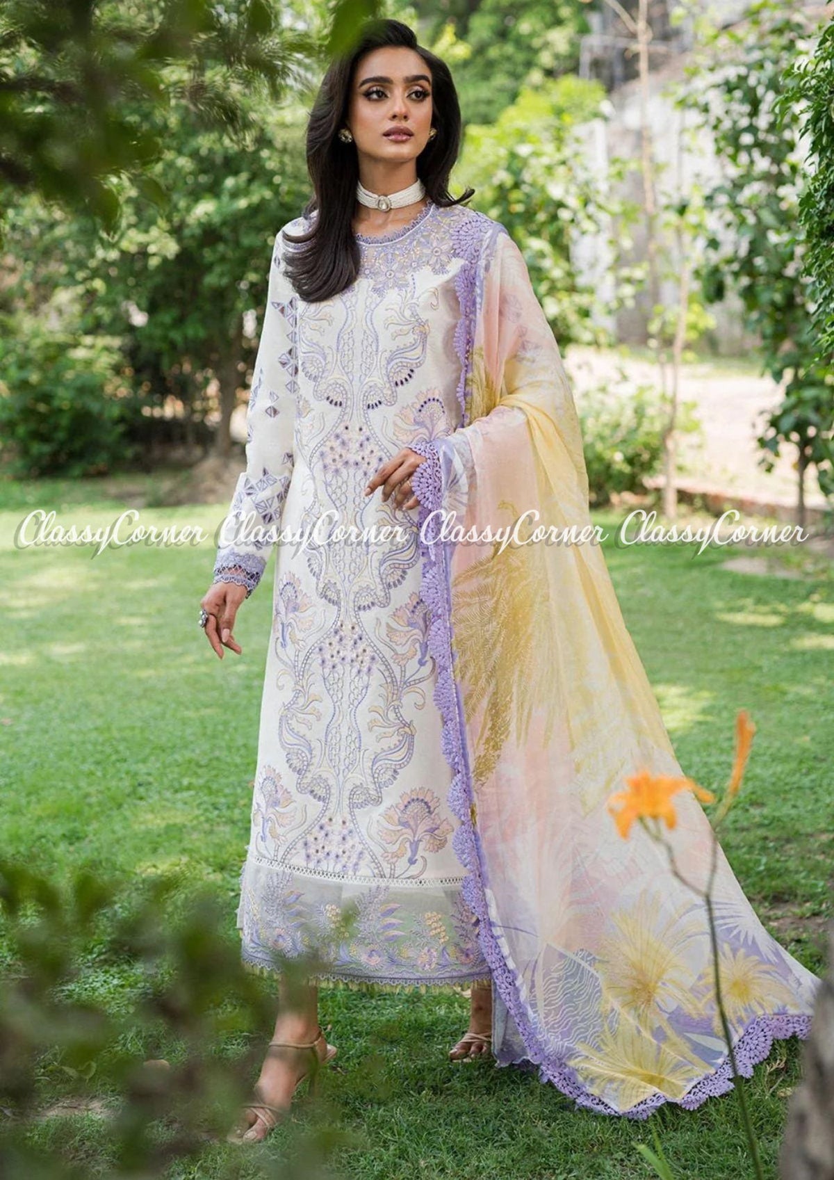 White Lilac Lawn Embroidered Pakistani Salwar Kameez