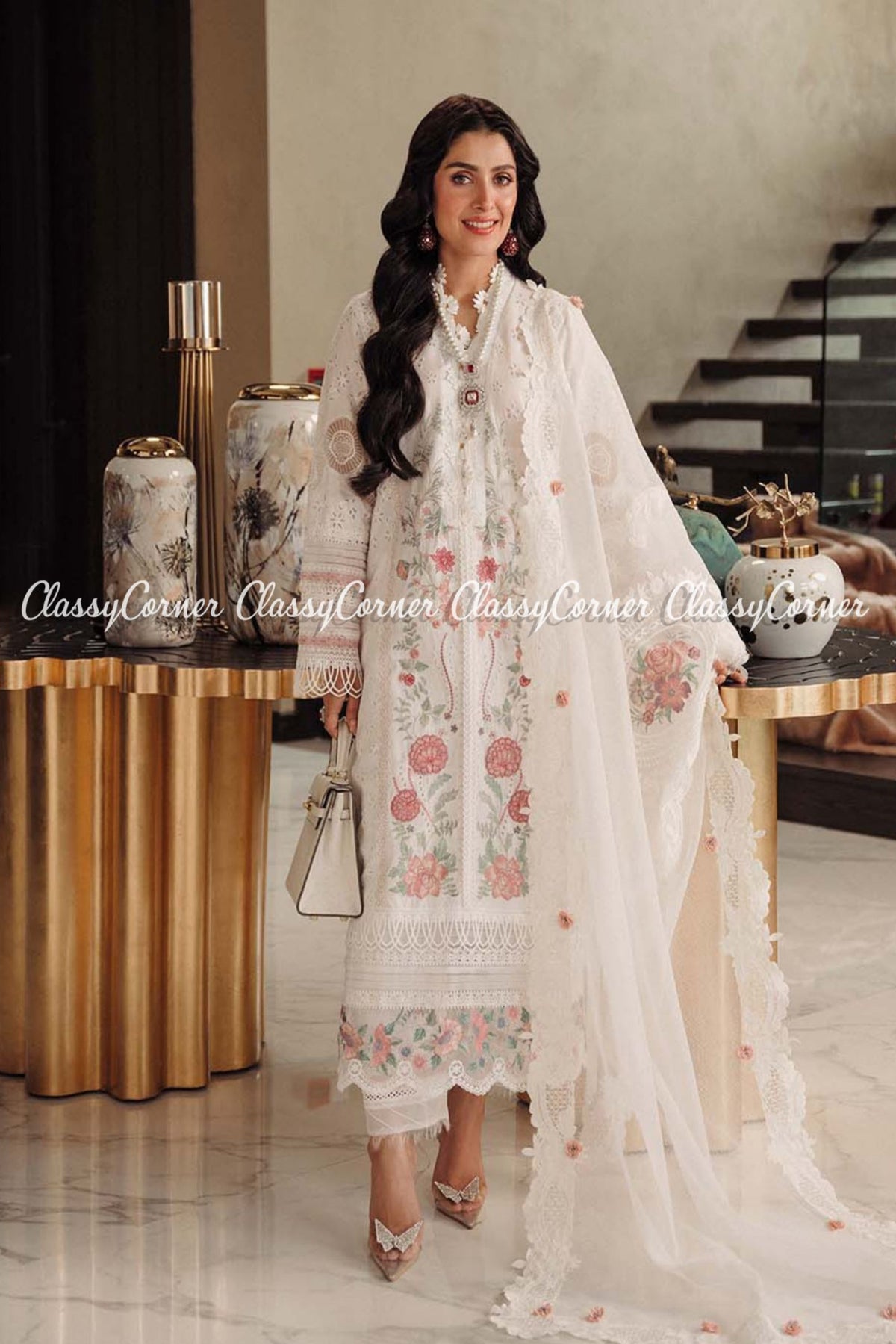 White Schiffli Embroidered Lawn Pakistani Salwar Kameez