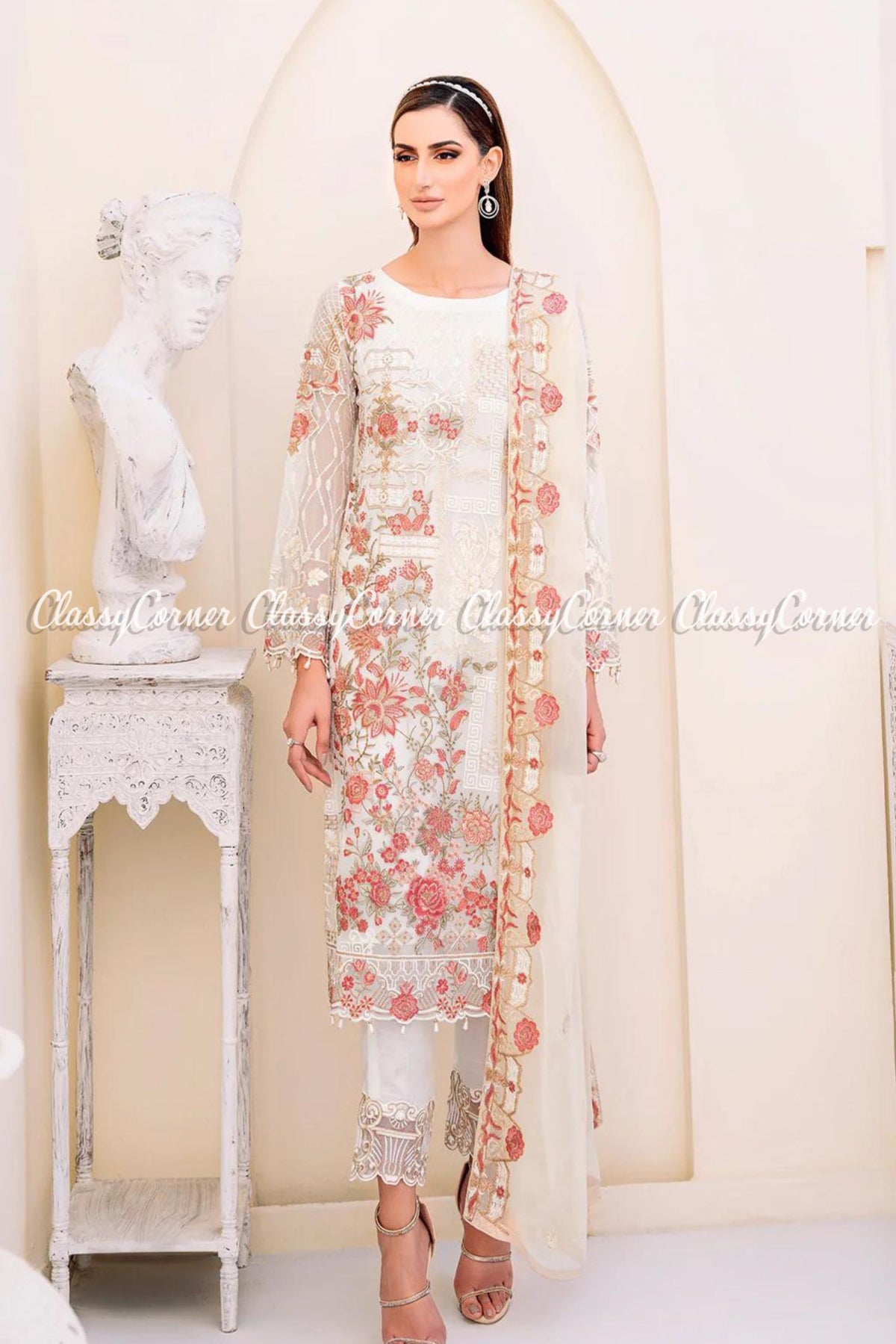 White Orange Chiffon Embroidered Pakistani Salwar Kameez