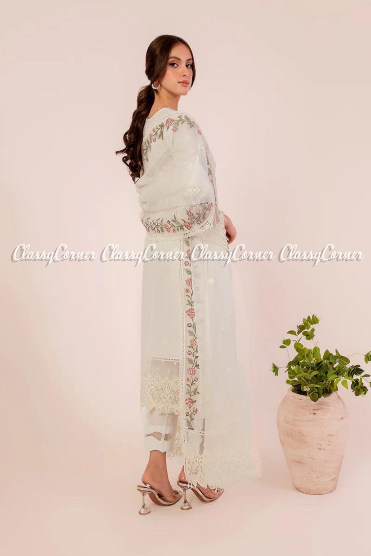 White Pink Lawn Embroidered Pakistani Salwar Kameez Dress