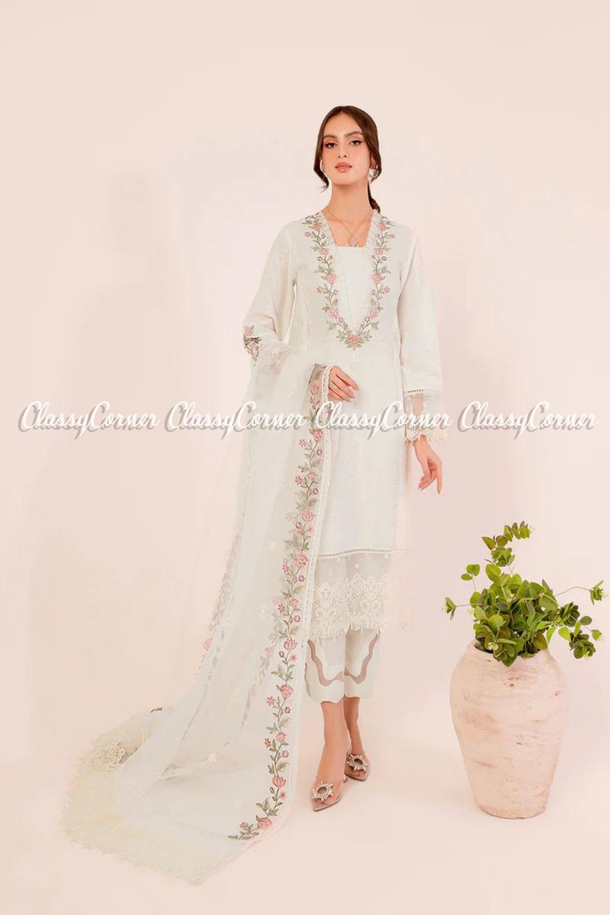 White Pink Lawn Embroidered Pakistani Salwar Kameez Dress