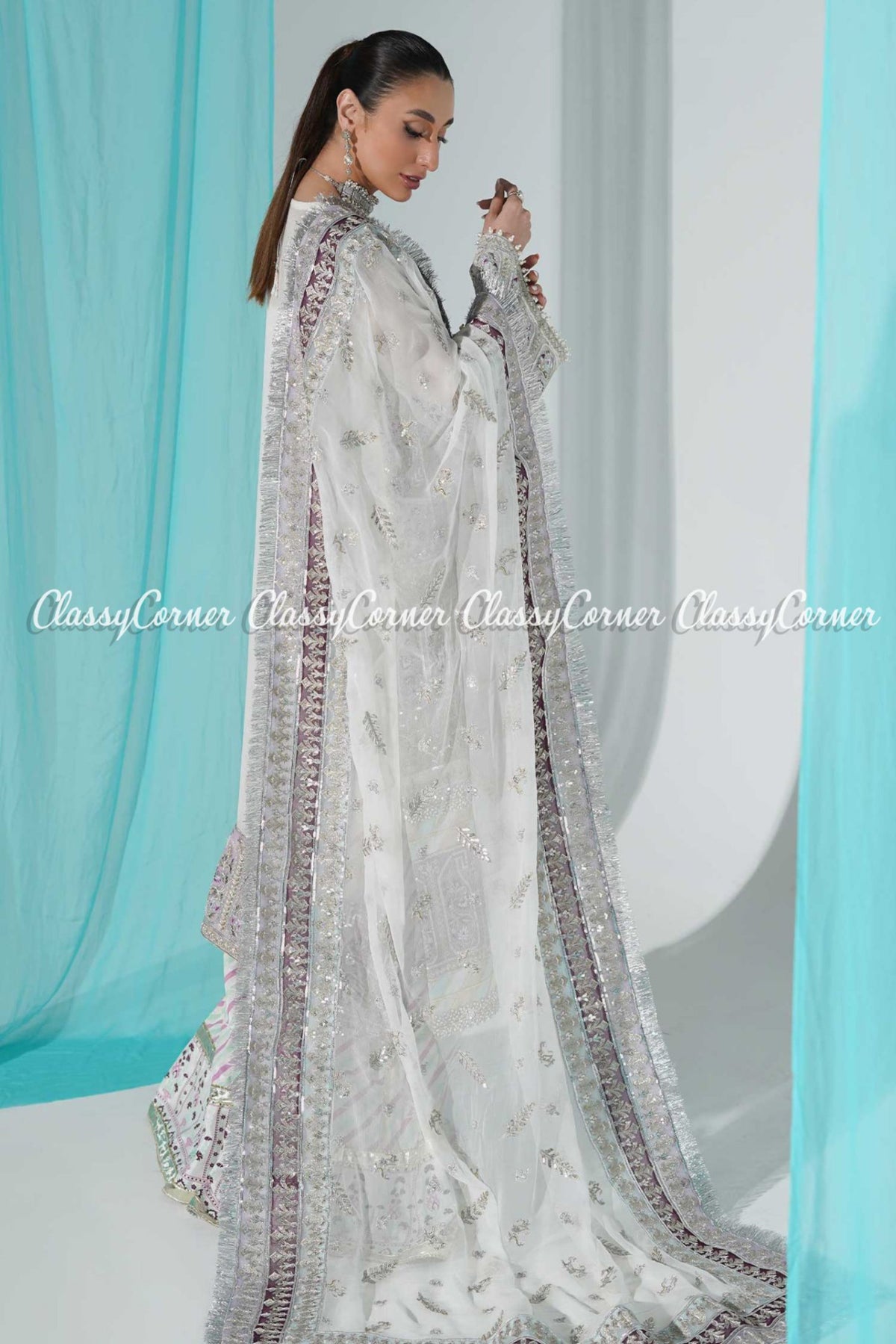 White Silver Chiffon Embroidered Wedding Wear Sharara Dress