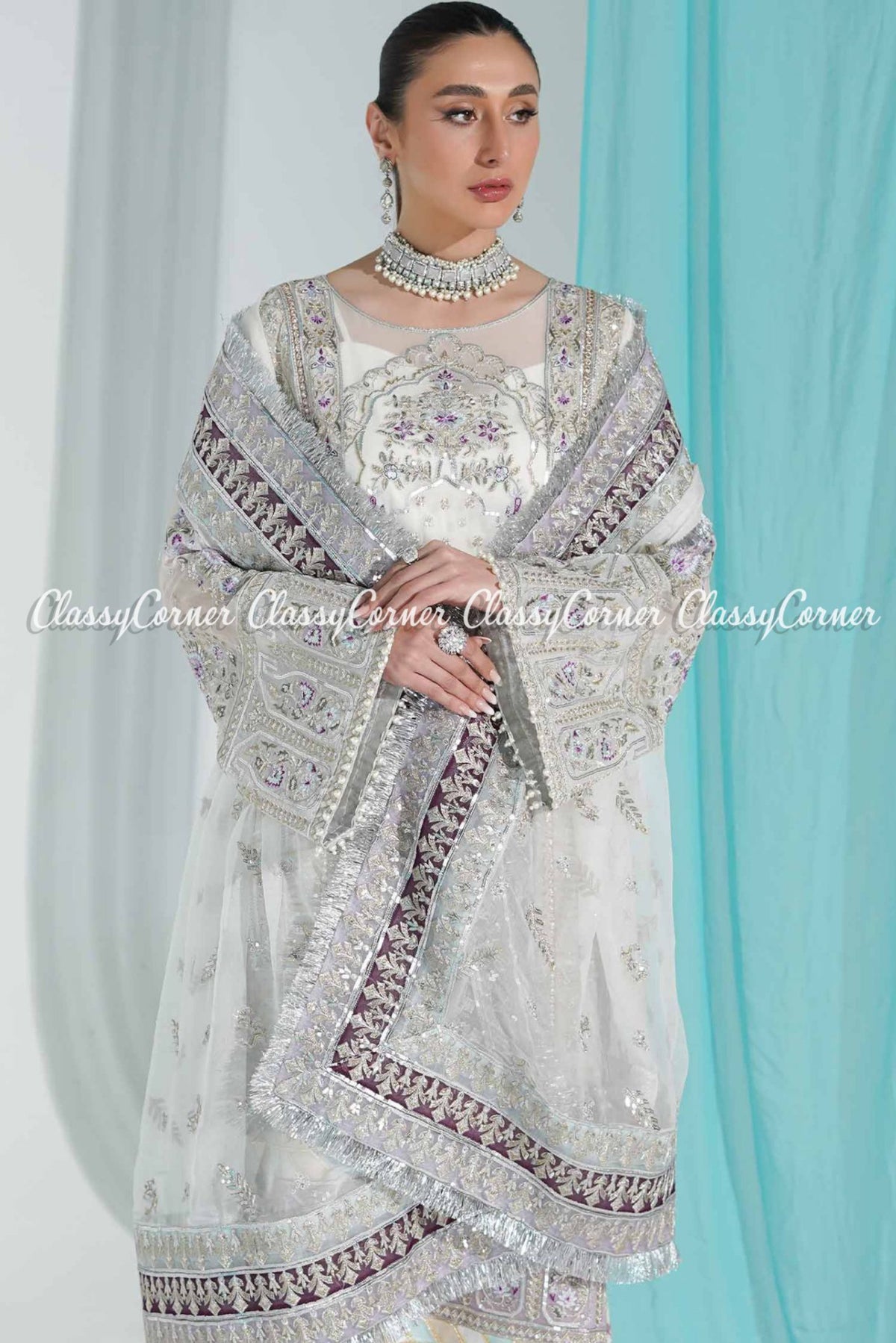 White Silver Chiffon Embroidered Wedding Wear Sharara Dress