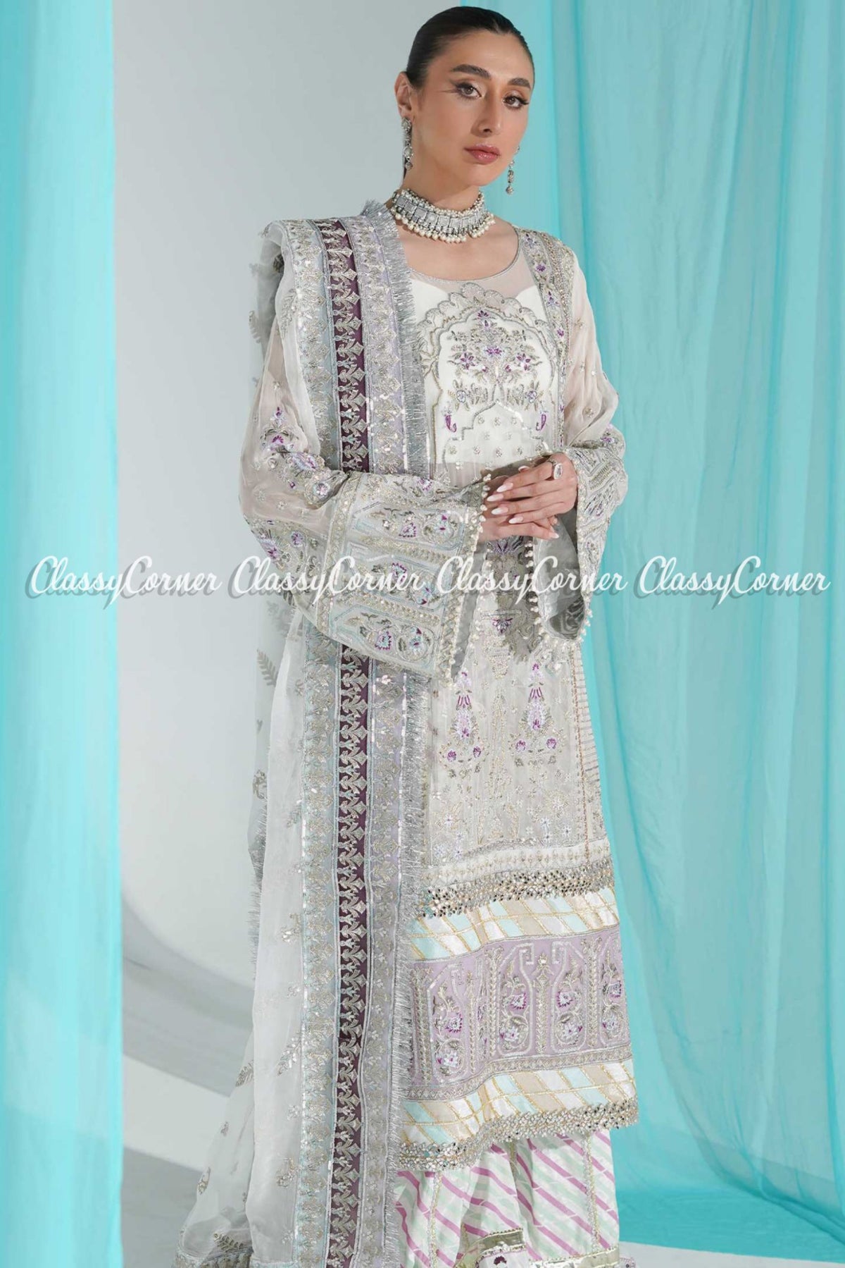 White Silver Chiffon Embroidered Wedding Wear Sharara Dress