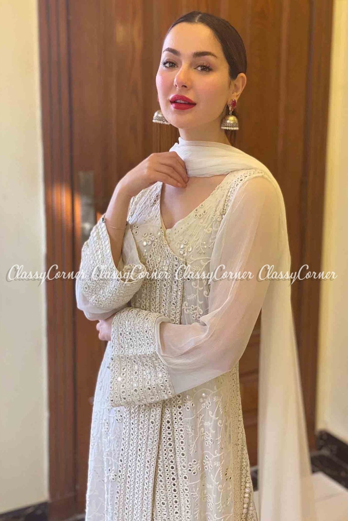 White Chiffon Chinkari Party Wear Angrakha