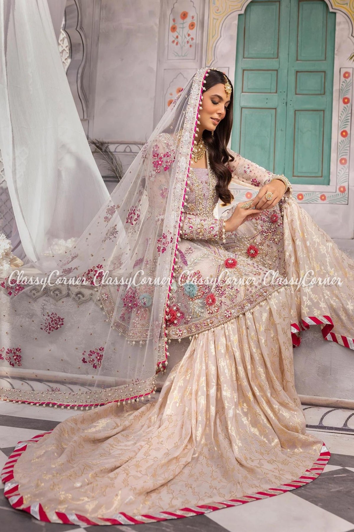 Cream White Net Embellished Bridal Wear Gharara