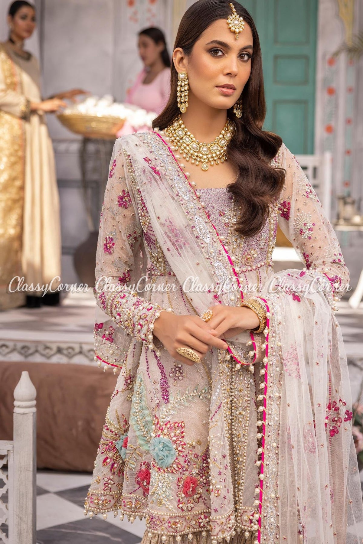 Cream White Net Embellished Bridal Wear Gharara