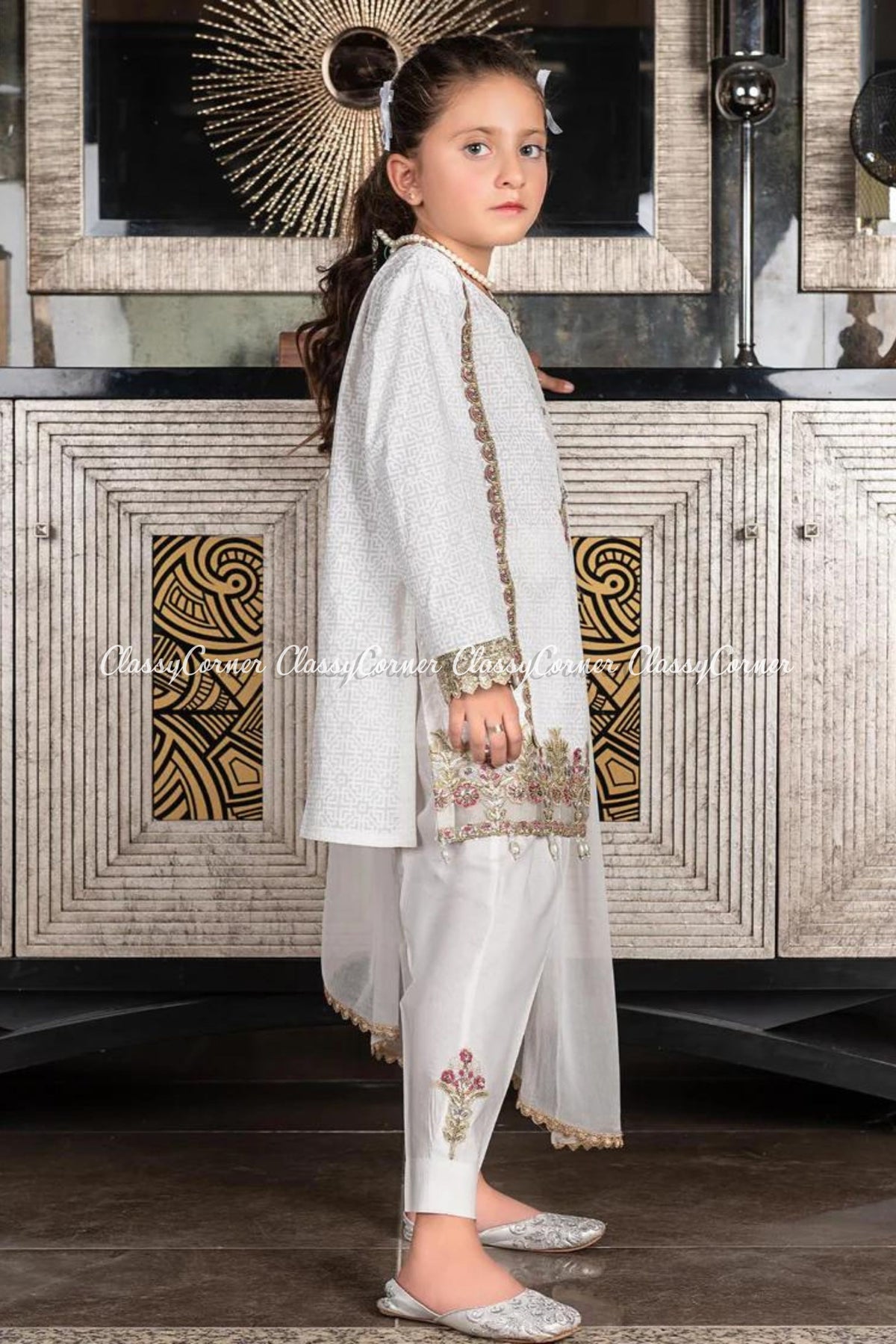 Girls White Cotton Printed Suit