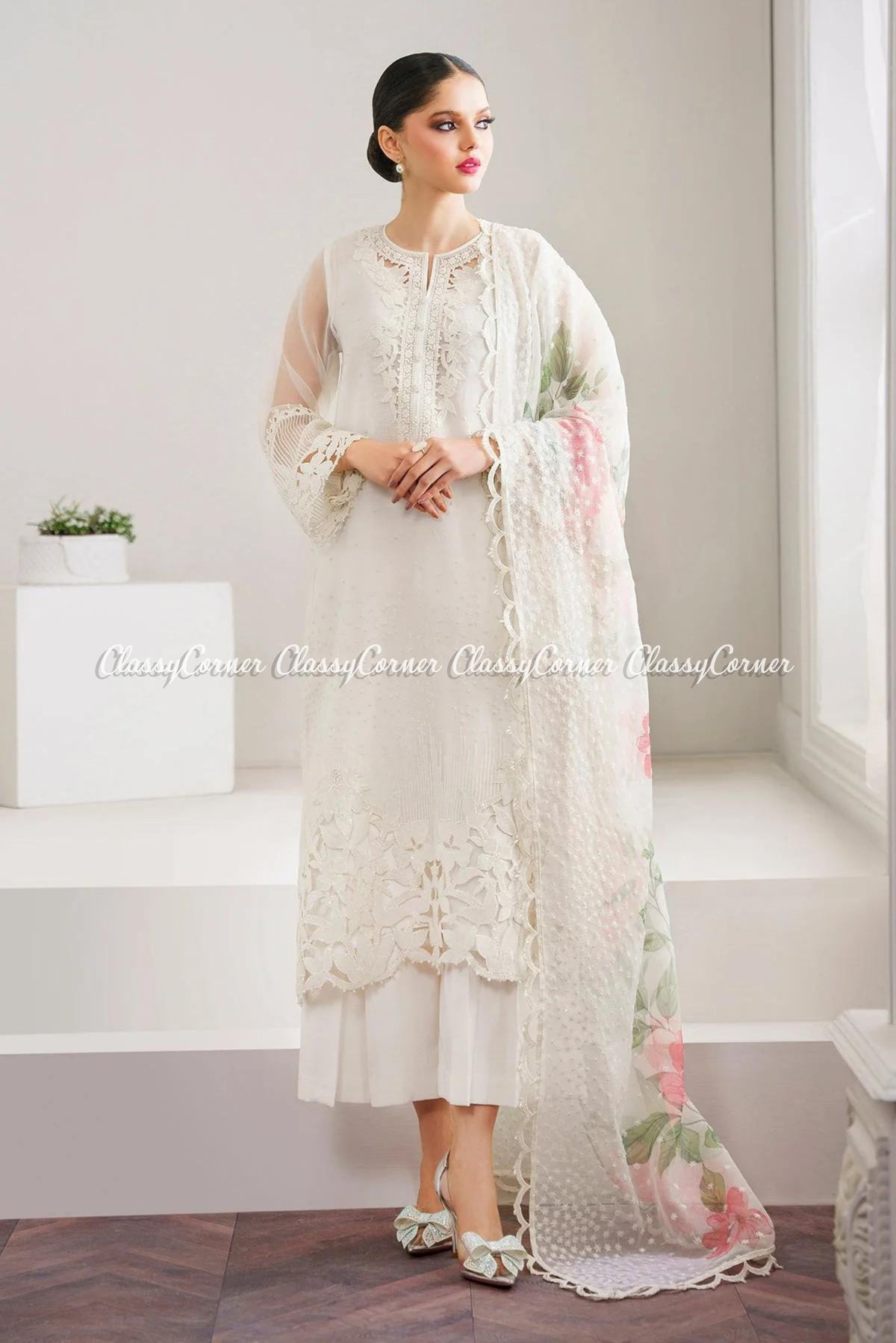 White Organza Embroidered Salwar Kameez