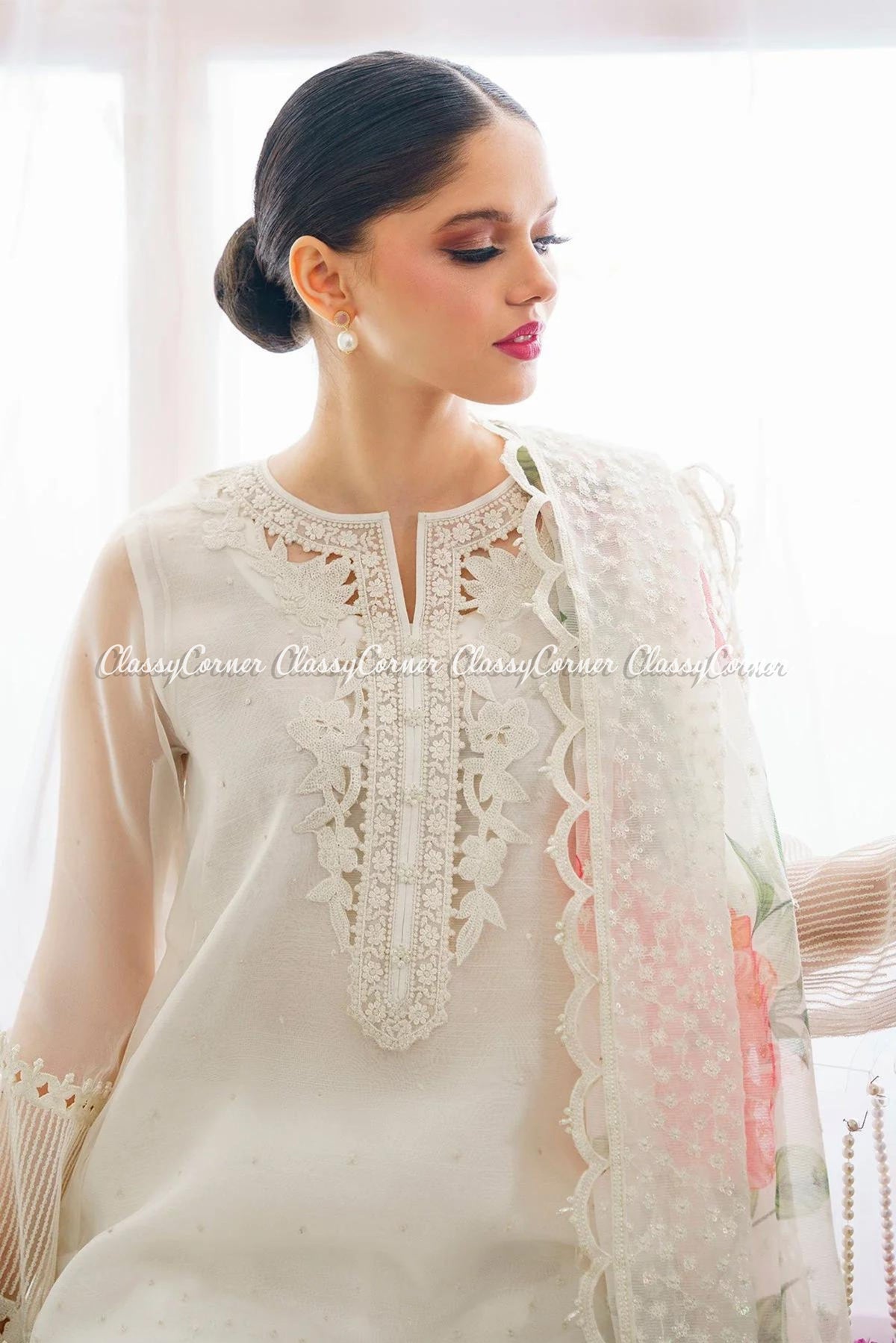 White Organza Embroidered Salwar Kameez