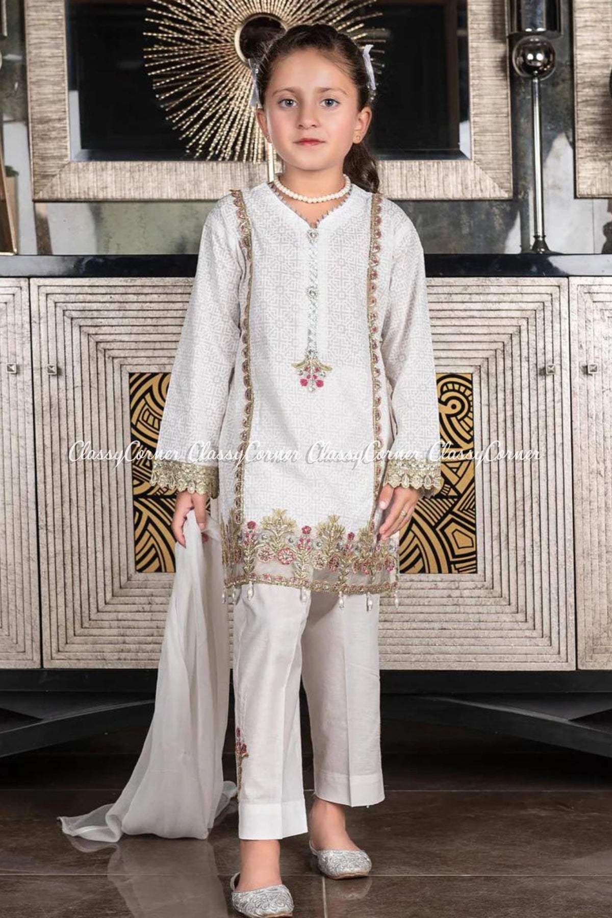 Girls White Cotton Printed Suit