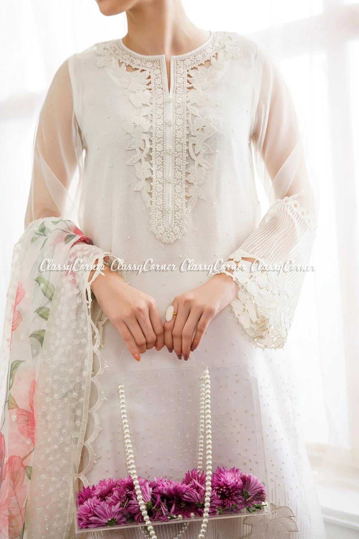 White Organza Embroidered Salwar Kameez