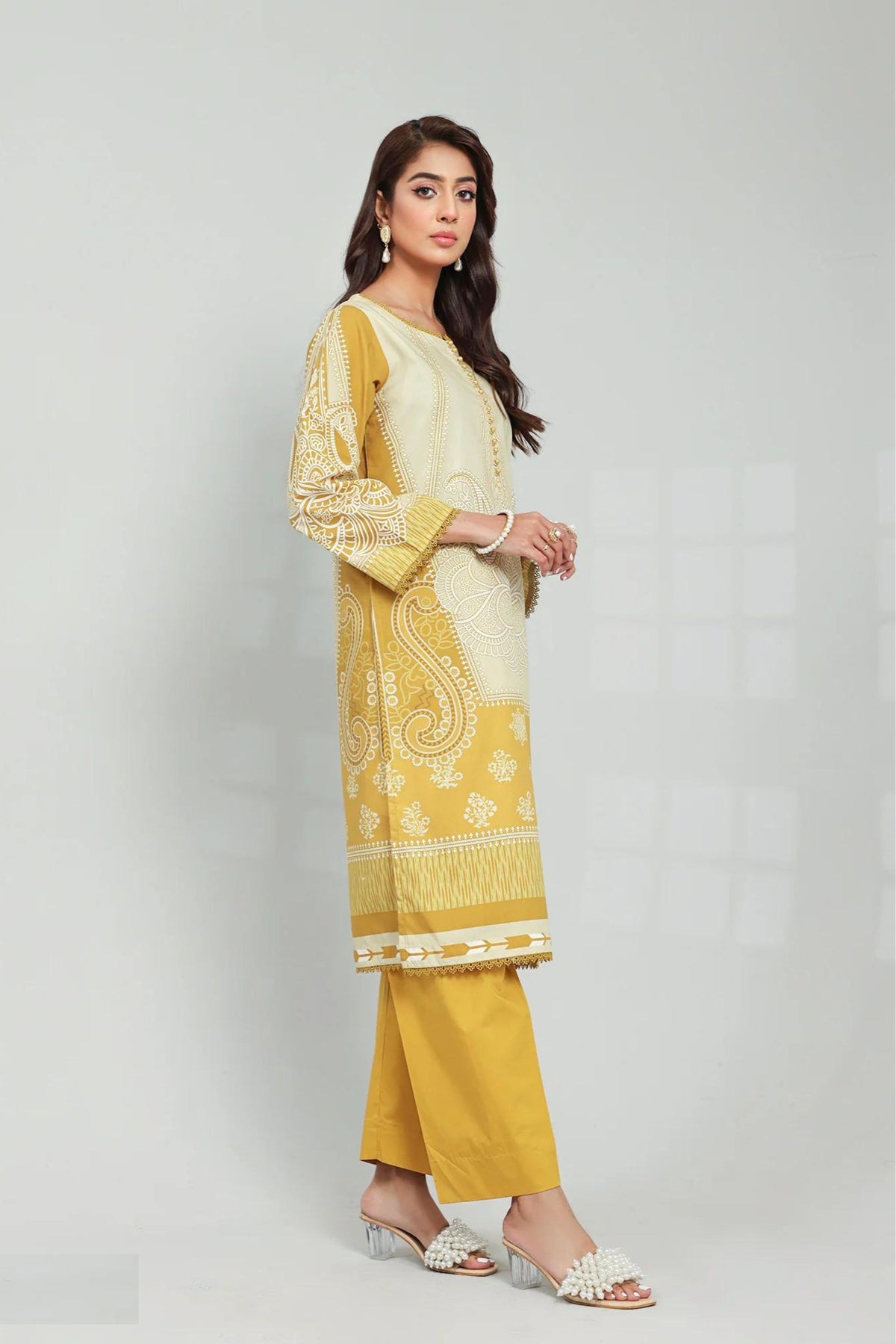 Yellow White Cotton Readymade Suit