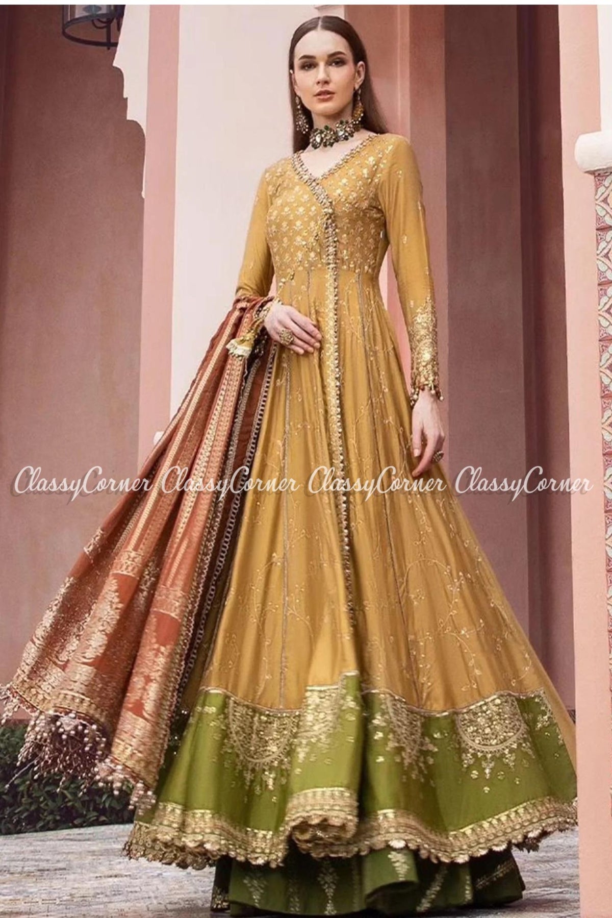 Mustard Yellow Cotton Embroidered Party Wear Gown