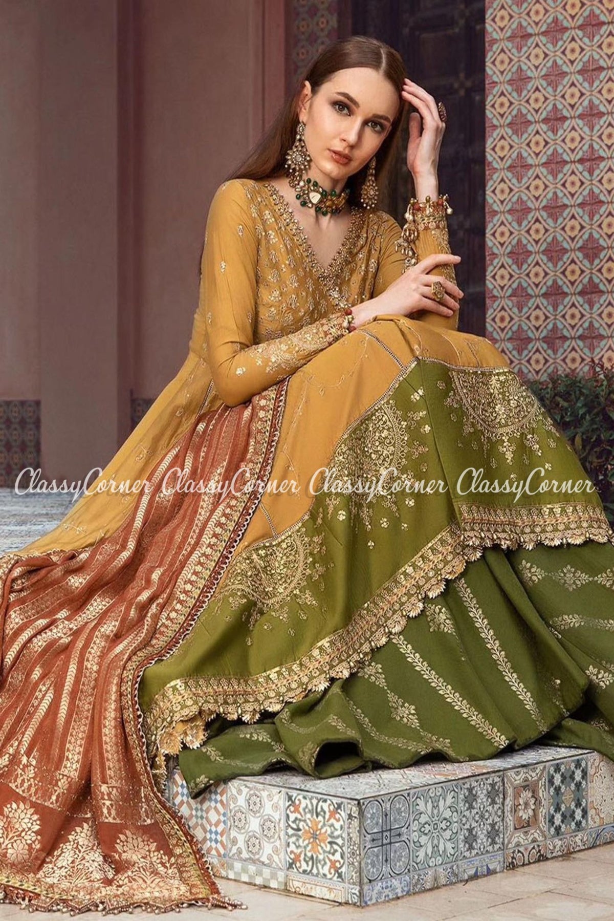 Mustard Yellow Cotton Embroidered Party Wear Gown