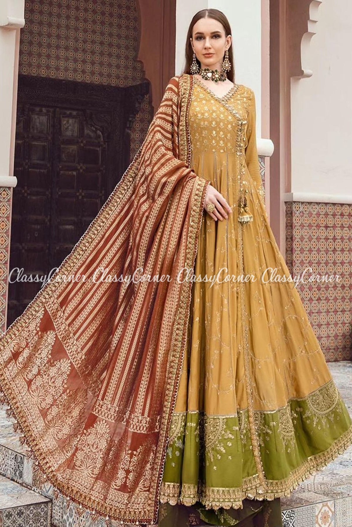 Mustard Yellow Cotton Embroidered Party Wear Gown