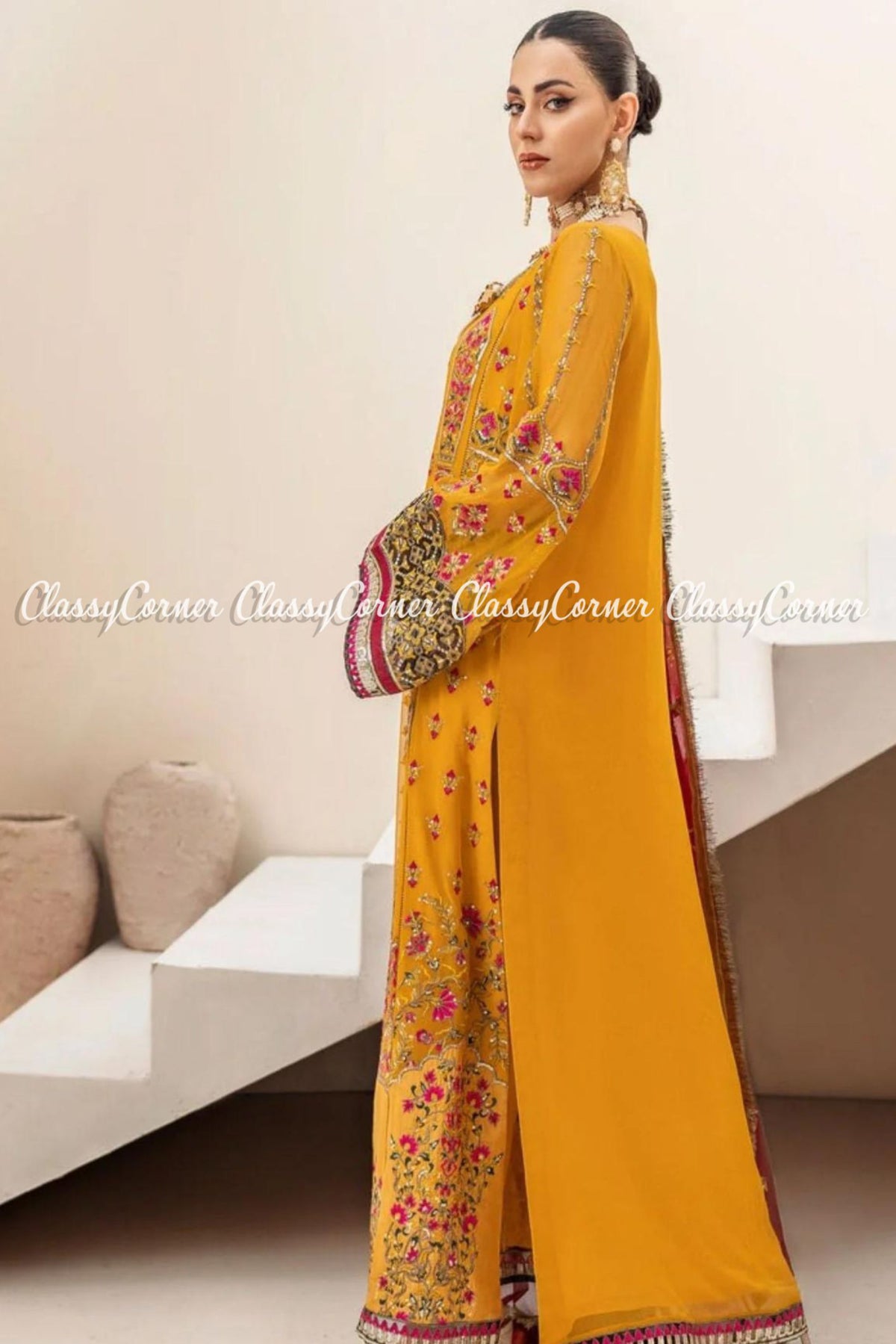 Yellow Red Chiffon Embroidered Pakistani Salwar Kameez