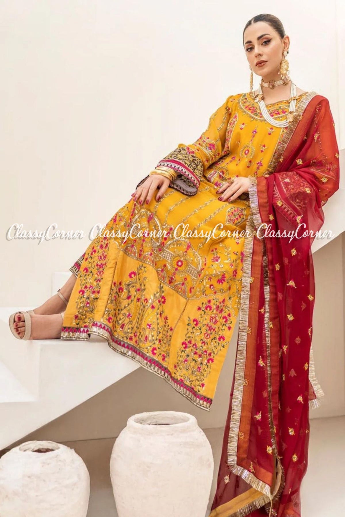 Yellow Red Chiffon Embroidered Pakistani Salwar Kameez