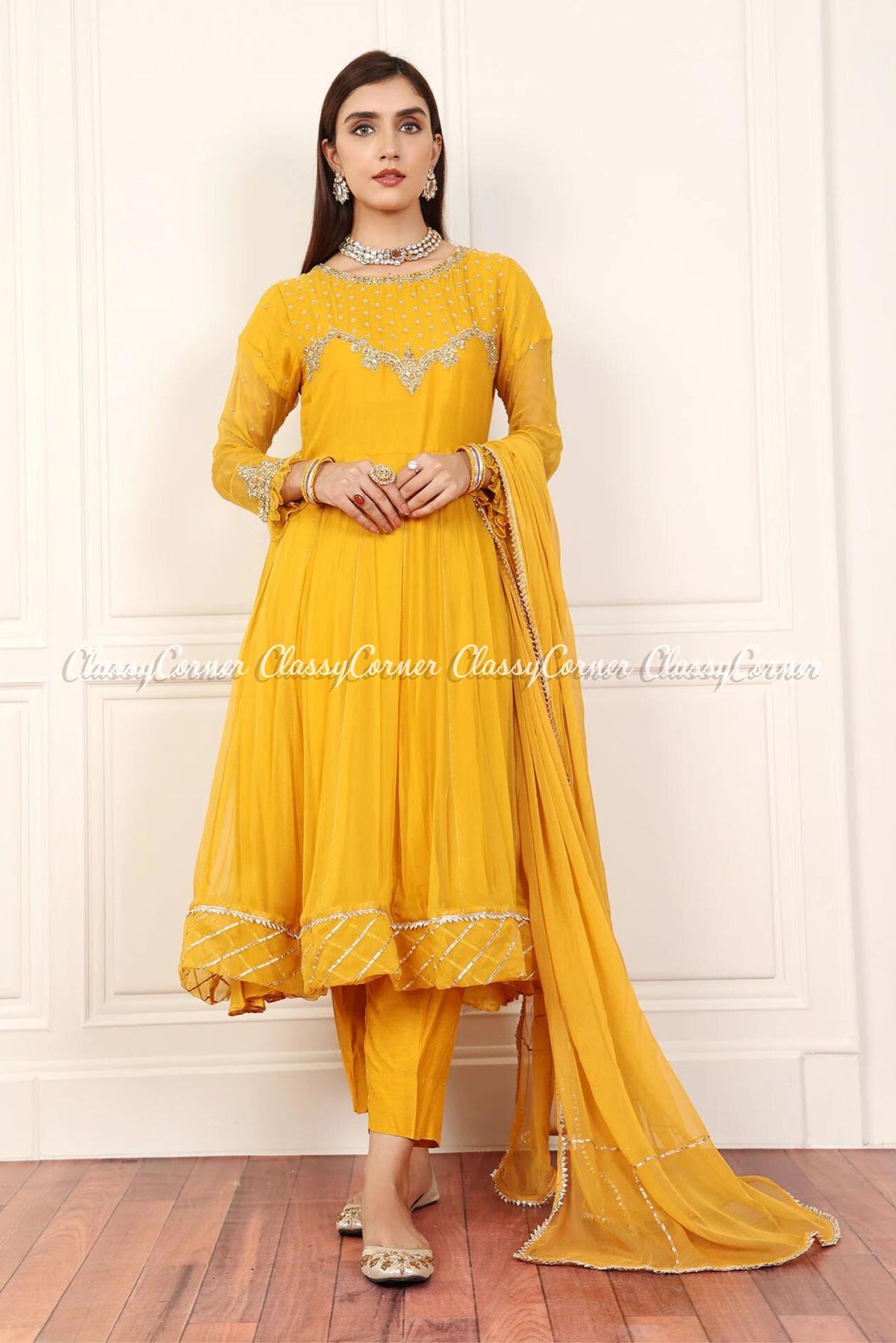 Yellow Silver Chiffon Embroidered Frock Outfit