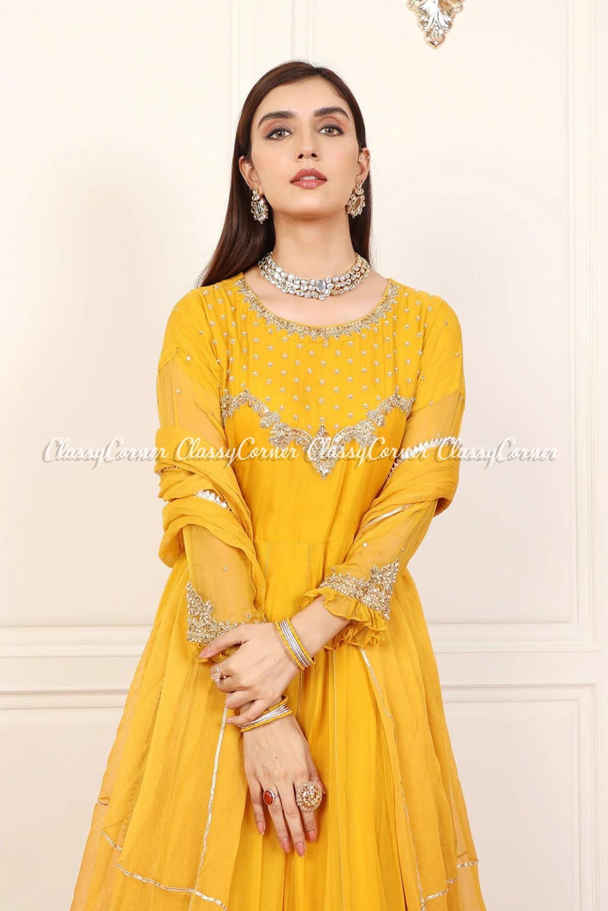 Yellow Silver Chiffon Embroidered Frock Outfit