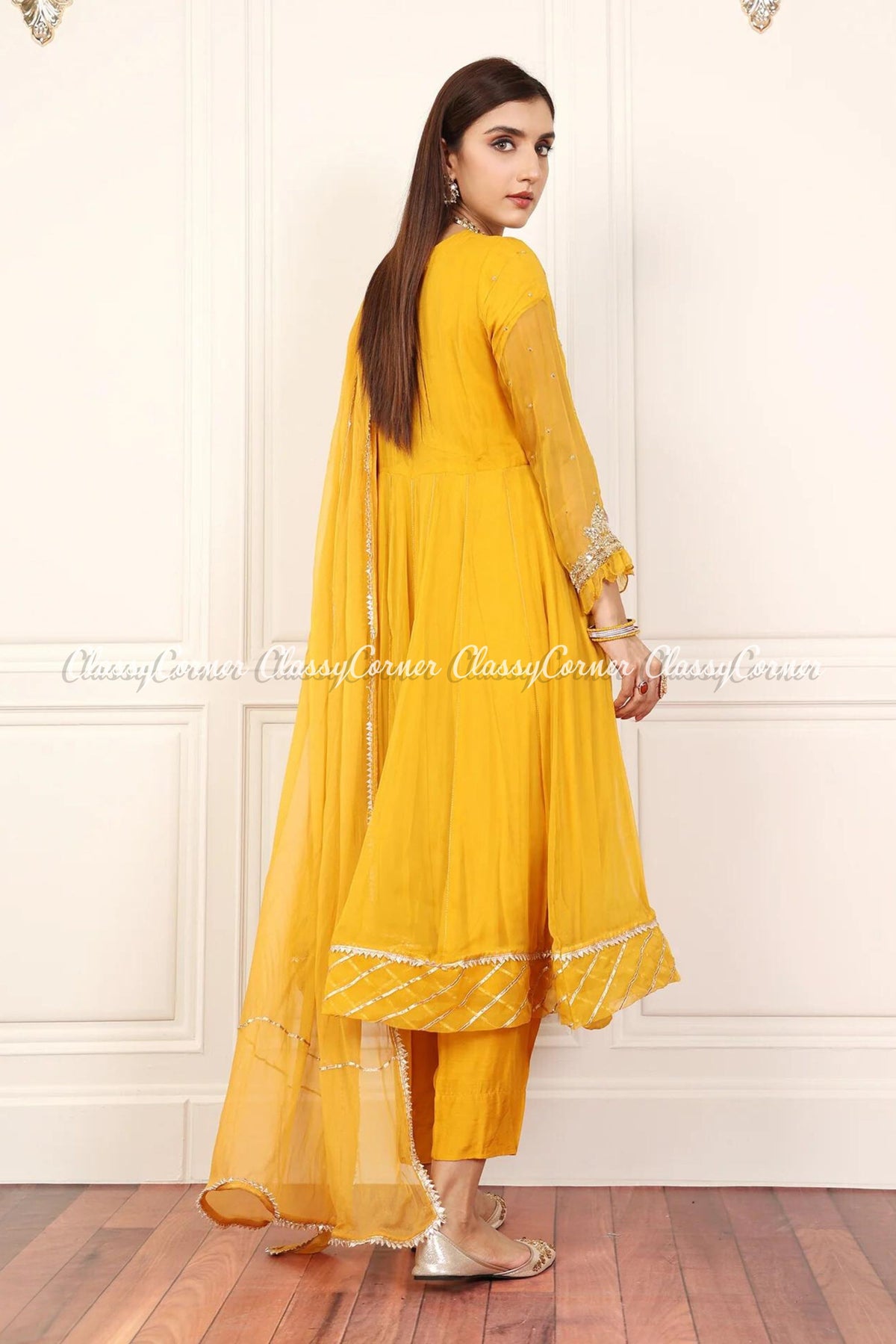 Yellow Silver Chiffon Embroidered Frock Outfit