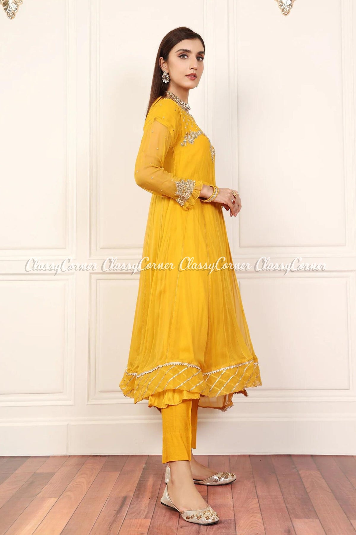 Yellow Silver Chiffon Embroidered Frock Outfit