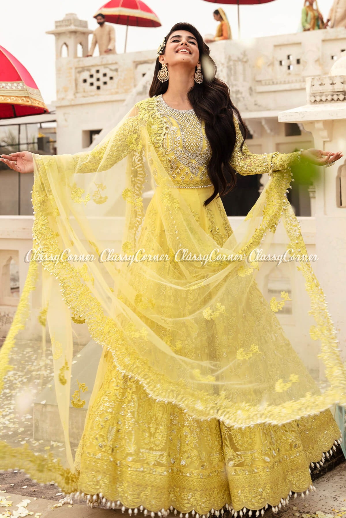 Yellow Net Embellished Wedding Wear Lehenga