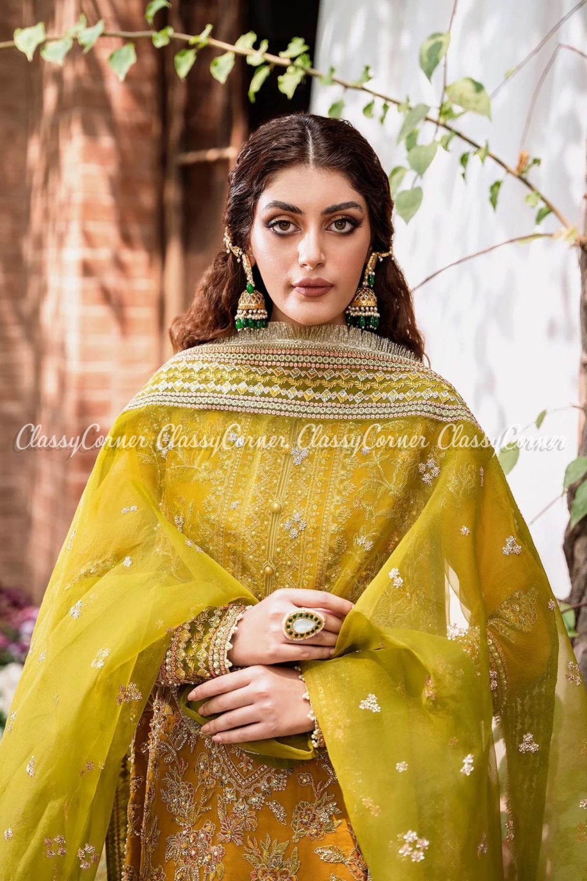 Yellow Green Organza Embroidered Wedding Wear Suit
