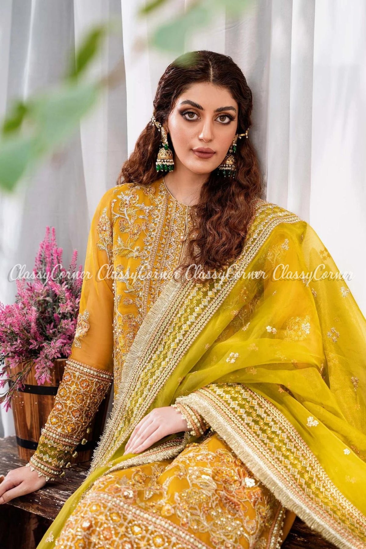 Yellow Green Organza Embroidered Wedding Wear Suit