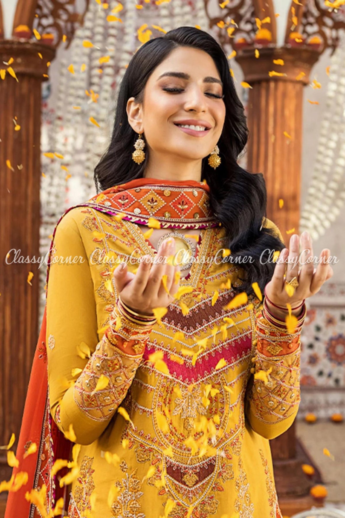 Merigold Orange Lawn Embroidered Sharara Dress