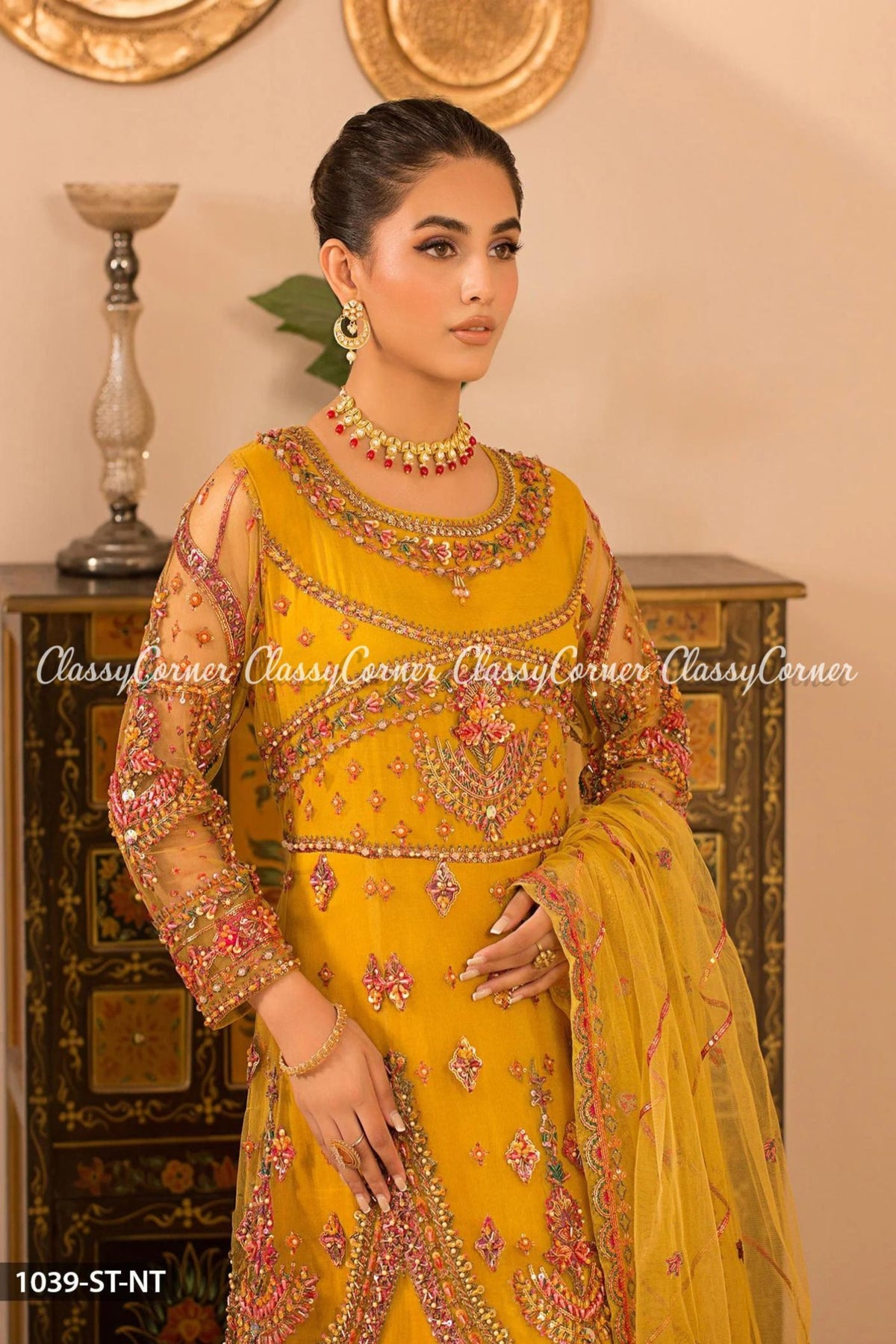 Yellow Multi Net Embellished Readymade Gown