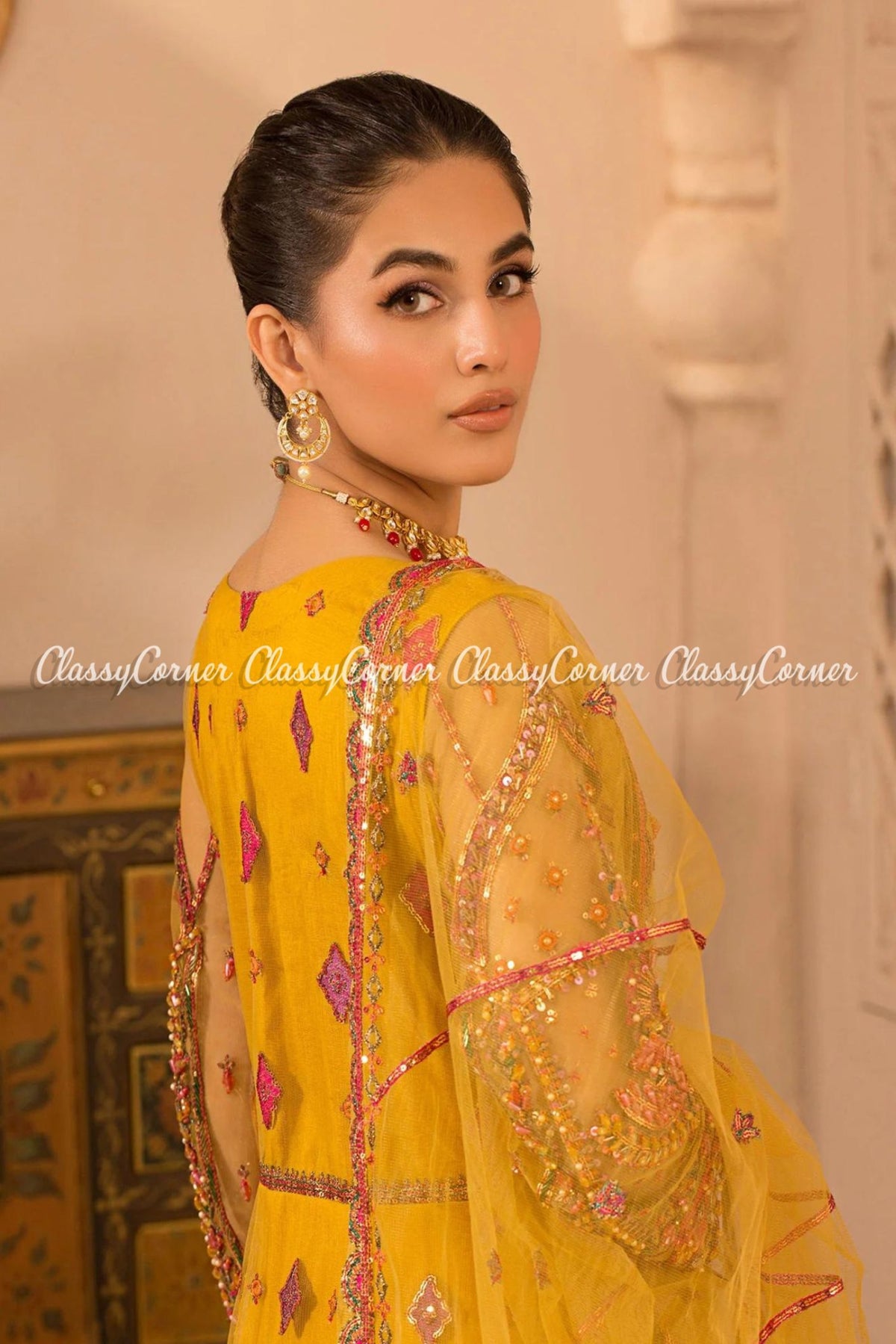 Yellow Multi Net Embellished Readymade Gown